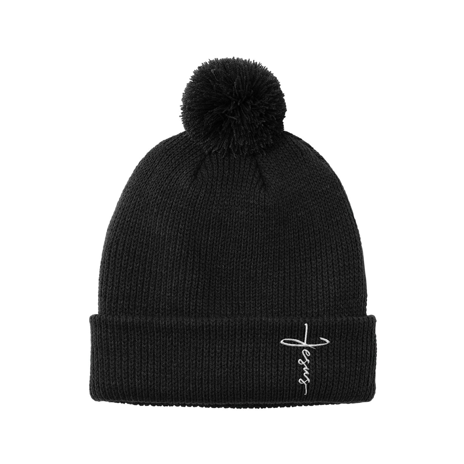 Our True God Hat Solid Pom Beanies / Deep Black / One Size Jesus Cross Lower Left Pom Beanies