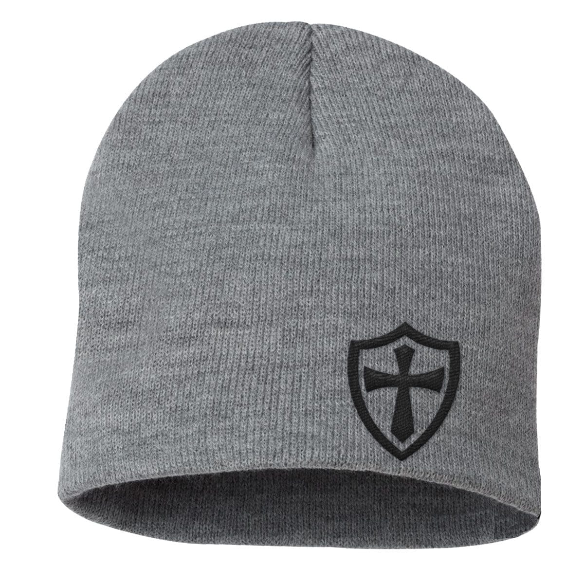 Our True God Hat Uncuffed Beanies / Heather Grey / One Size Cross Shield Beanies