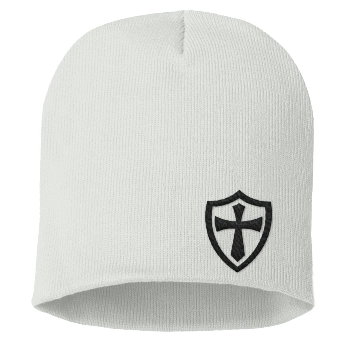 Our True God Hat Uncuffed Beanies / White / One Size Cross Shield Beanies