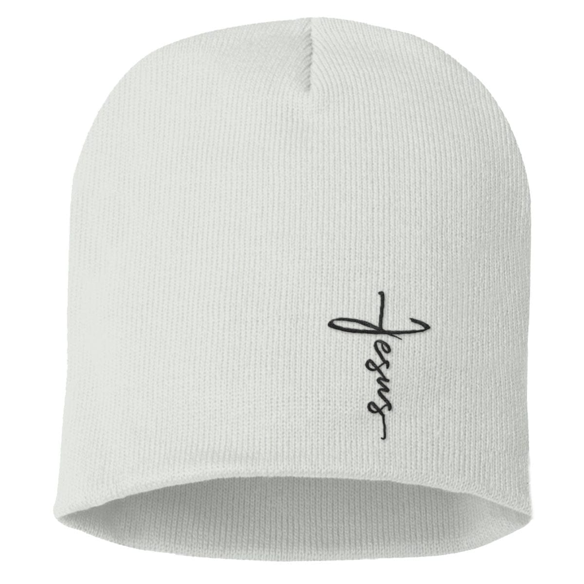 Our True God Hat Uncuffed Beanies / White / One Size Jesus Cross Lower Left Beanies