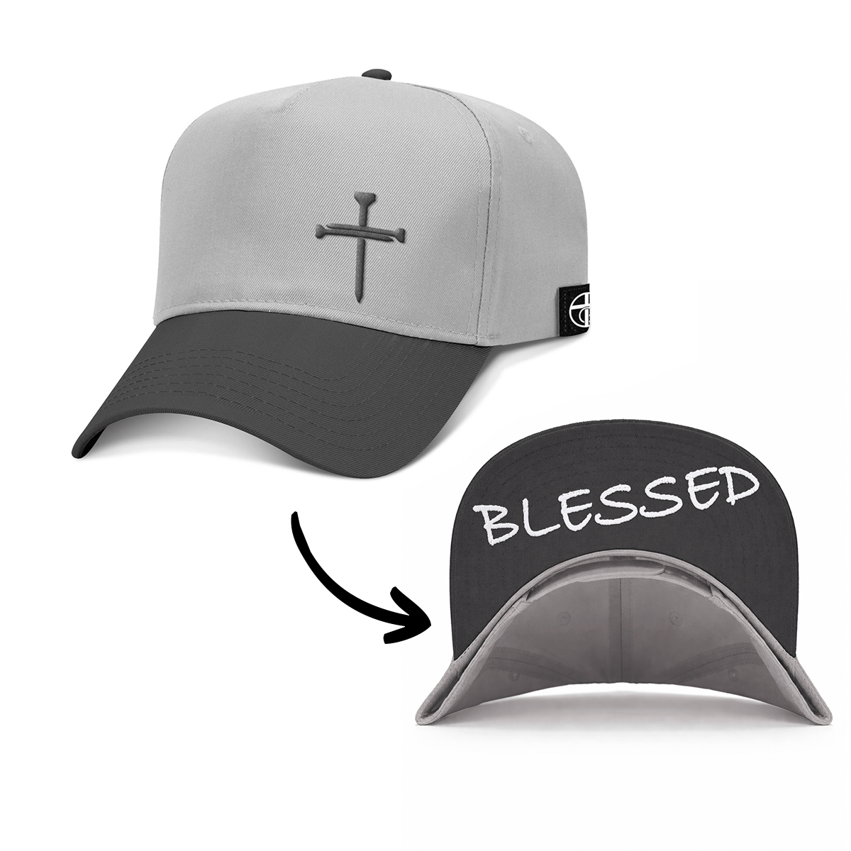 OurTrueGod Customs Hat Baseball / Black and Grey / One Size 3 Nail Cross - Blessed Two Tone Prayer Print Hats
