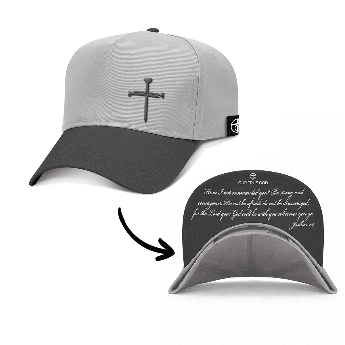 OurTrueGod Customs Hat Baseball / Black and Grey / One Size 3 Nail Cross - Joshua 1:9 Two Tone Prayer Print Hats