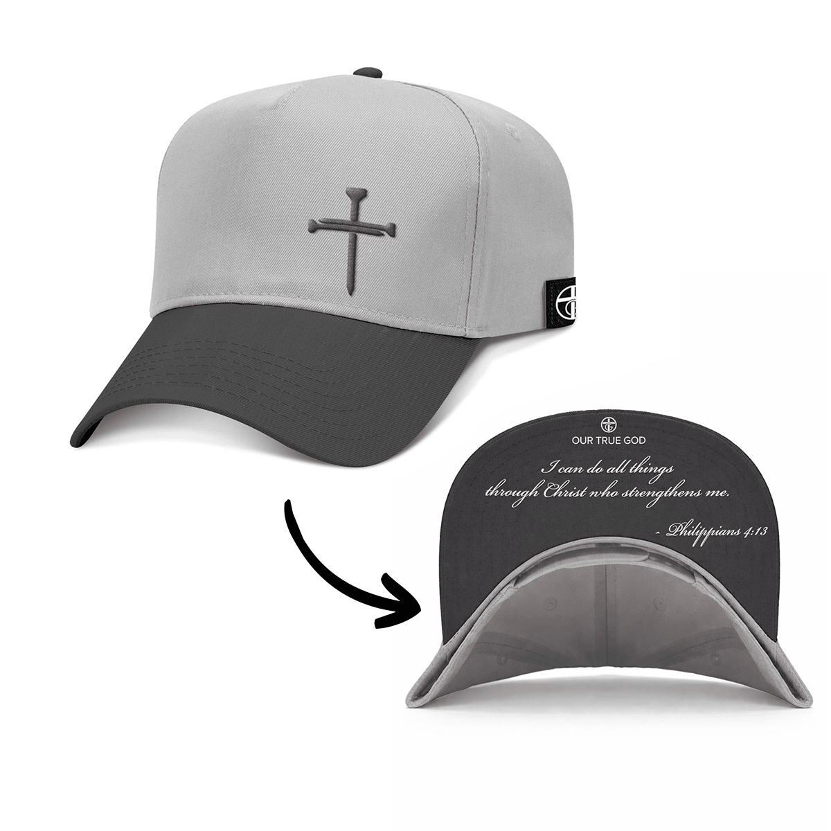 OurTrueGod Customs Hat Baseball / Black and Grey / One Size 3 Nail Cross - Philippians 4:13 KJV Version Two Tone Prayer Print Hats