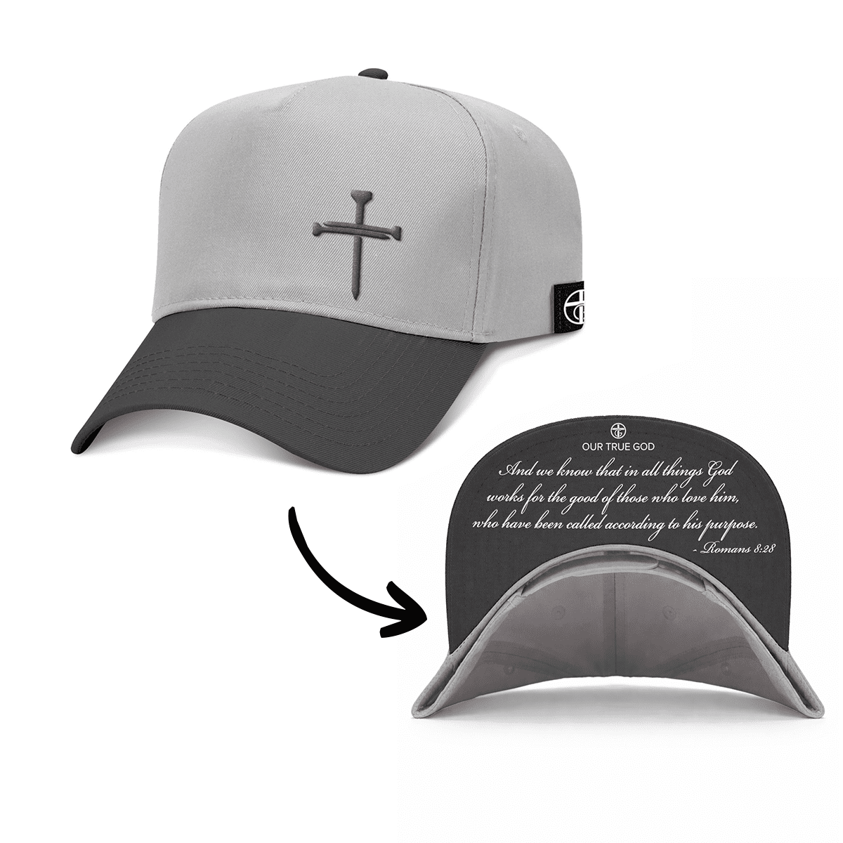 OurTrueGod Customs Hat Baseball / Black and Grey / One Size 3 Nail Cross - Romans 8:28 Two Tone Prayer Print Hats