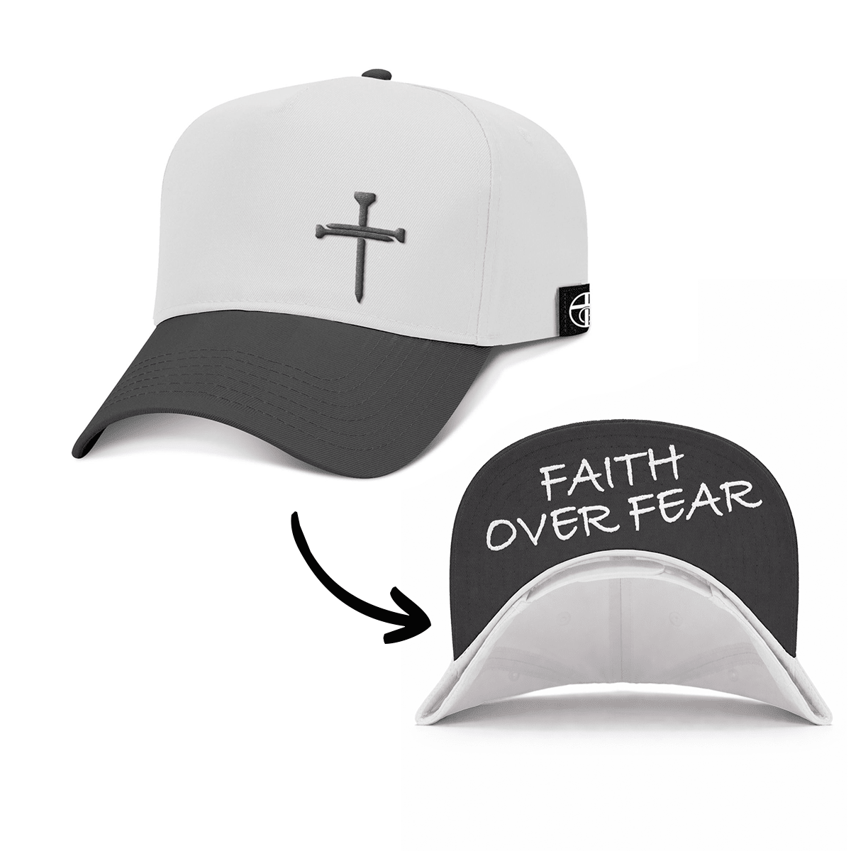 OurTrueGod Customs Hat Baseball / Black and White / One Size 3 Nail Cross - Faith Over Fear Two Tone Prayer Print Hats