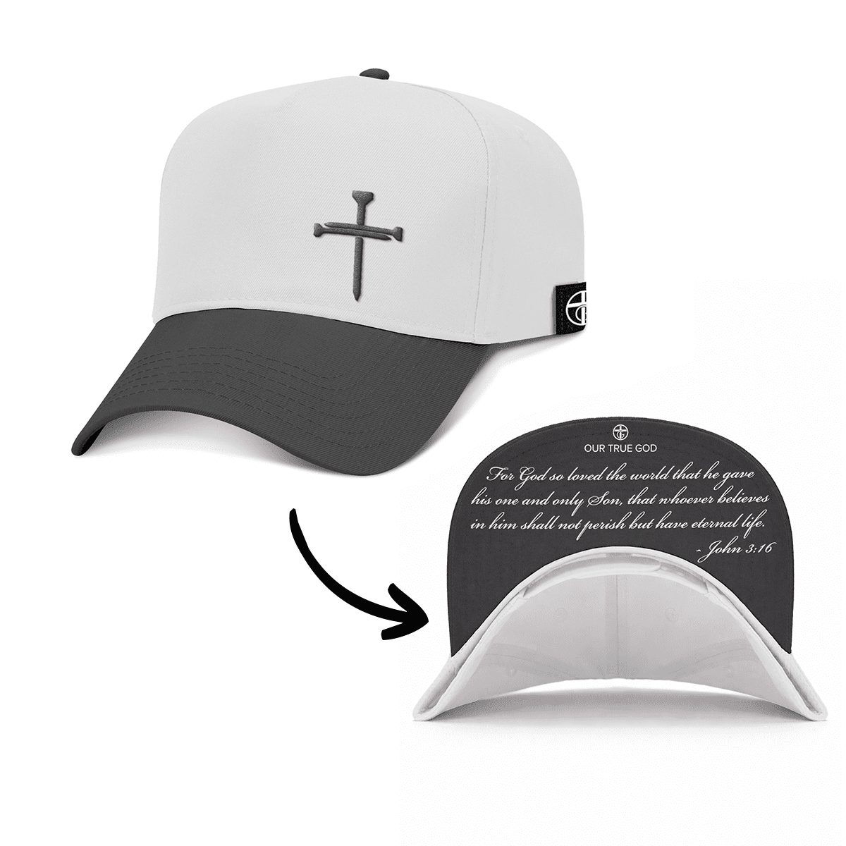 OurTrueGod Customs Hat Baseball / Black and White / One Size 3 Nail Cross - John 3:16 Two Tone Prayer Print Hats