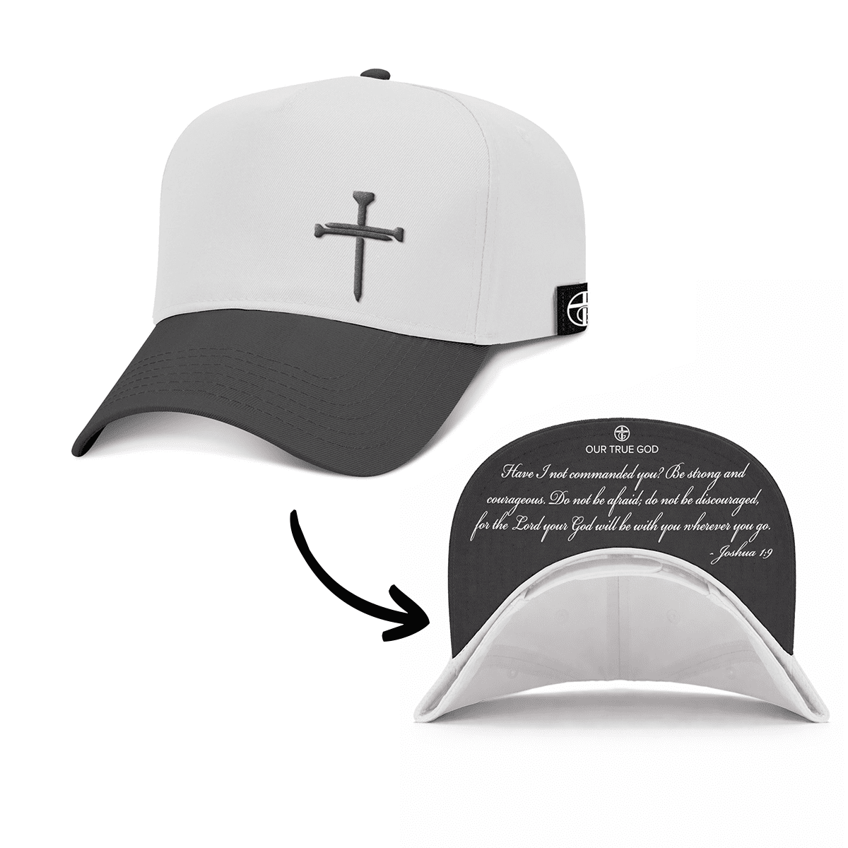 OurTrueGod Customs Hat Baseball / Black and White / One Size 3 Nail Cross - Joshua 1:9 Two Tone Prayer Print Hats