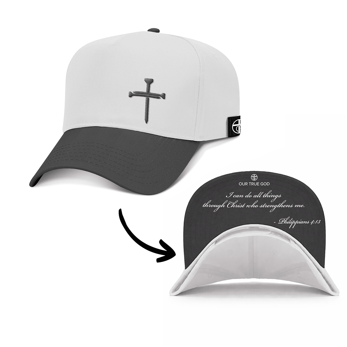 OurTrueGod Customs Hat Baseball / Black and White / One Size 3 Nail Cross - Philippians 4:13 KJV Version Two Tone Prayer Print Hats