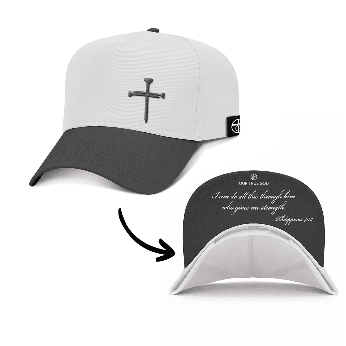OurTrueGod Customs Hat Baseball / Black and White / One Size 3 Nail Cross - Philippians 4:13 Two Tone Prayer Print Hats