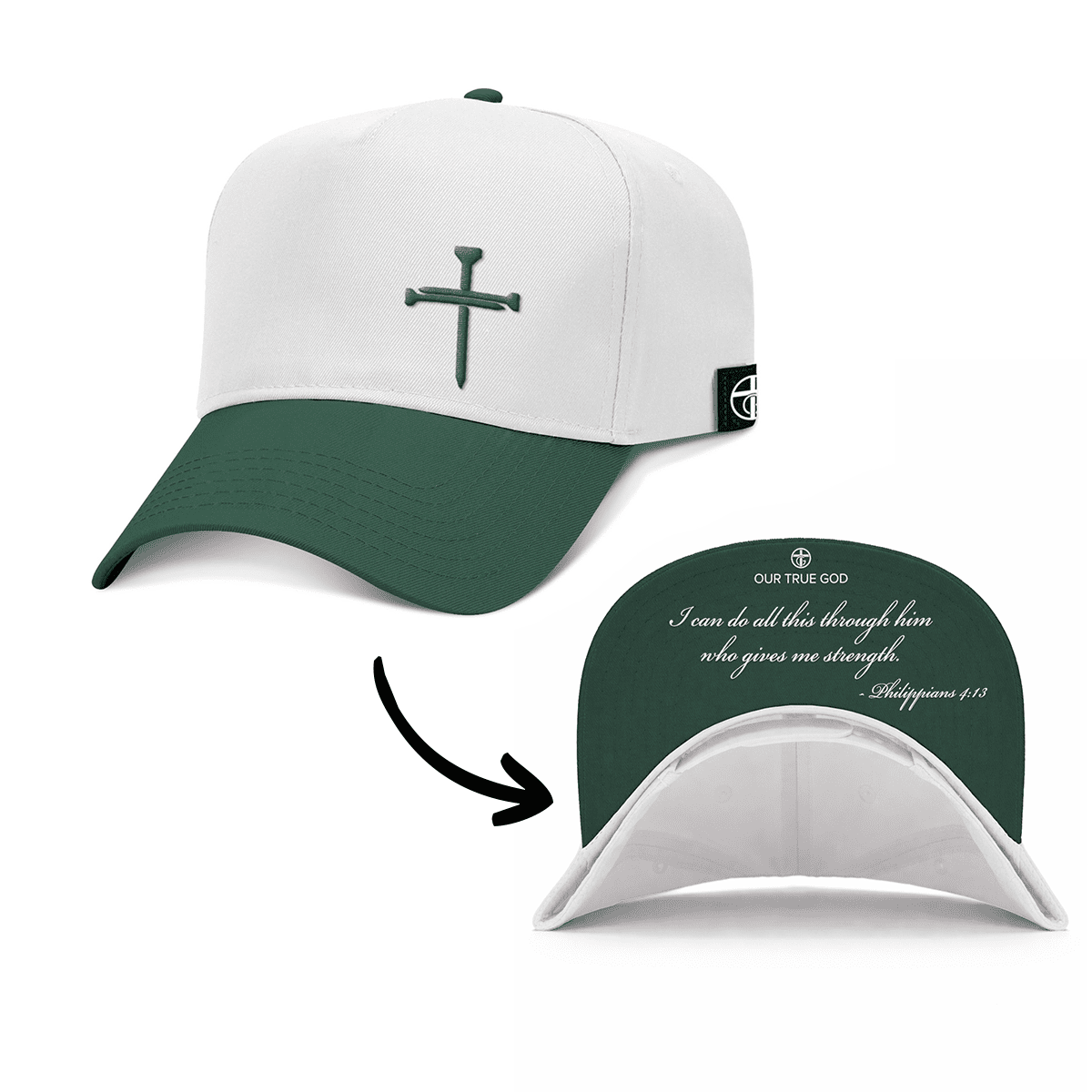 OurTrueGod Customs Hat Baseball / Dark Green and White / One Size 3 Nail Cross - Philippians 4:13 Two Tone Prayer Print Hats