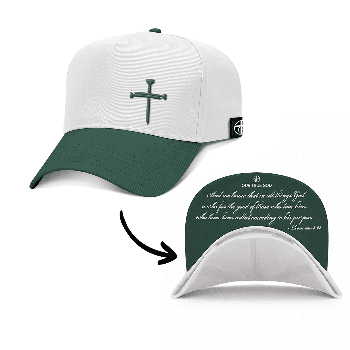 OurTrueGod Customs Hat Baseball / Dark Green and White / One Size 3 Nail Cross - Romans 8:28 Two Tone Prayer Print Hats