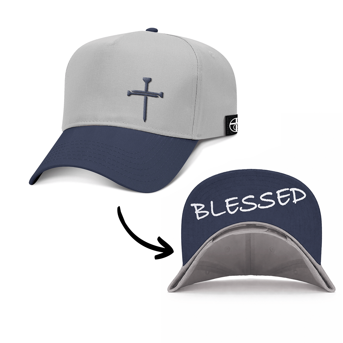 OurTrueGod Customs Hat Baseball / Navy and Grey / One Size 3 Nail Cross - Blessed Two Tone Prayer Print Hats