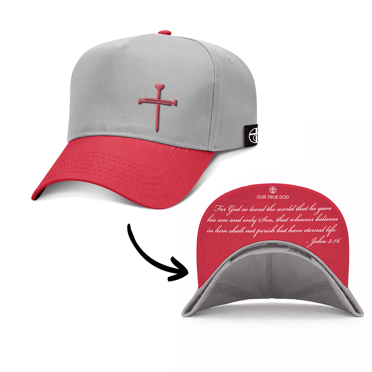 OurTrueGod Customs Hat Baseball / Red and Grey / One Size 3 Nail Cross - John 3:16 Two Tone Prayer Print Hats