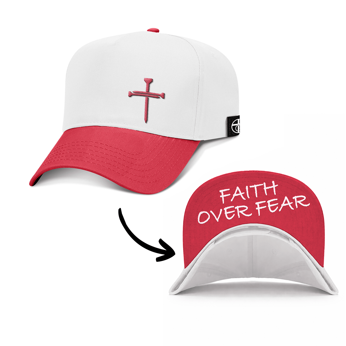 OurTrueGod Customs Hat Baseball / Red and White / One Size 3 Nail Cross - Faith Over Fear Two Tone Prayer Print Hats