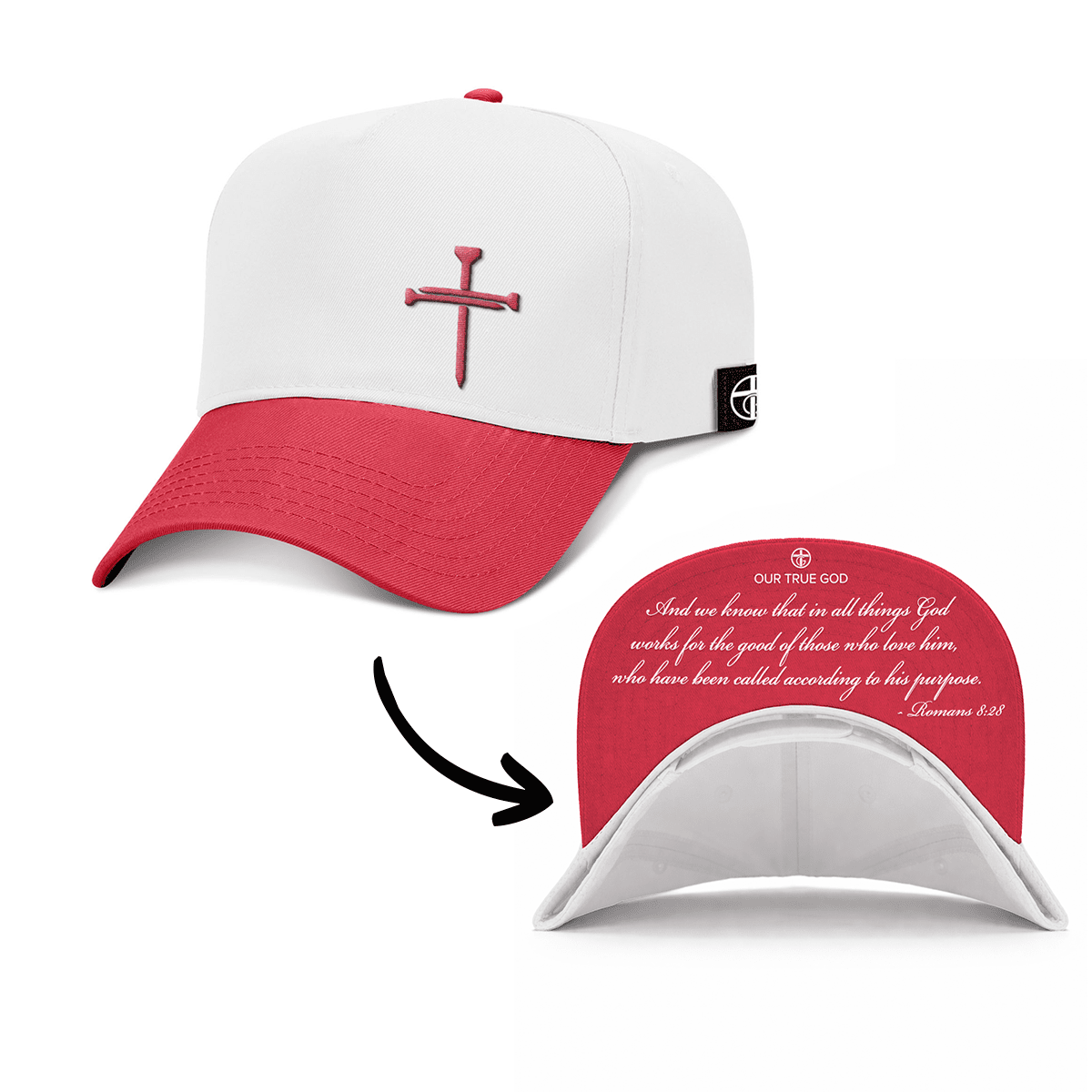 OurTrueGod Customs Hat Baseball / Red and White / One Size 3 Nail Cross - Romans 8:28 Two Tone Prayer Print Hats