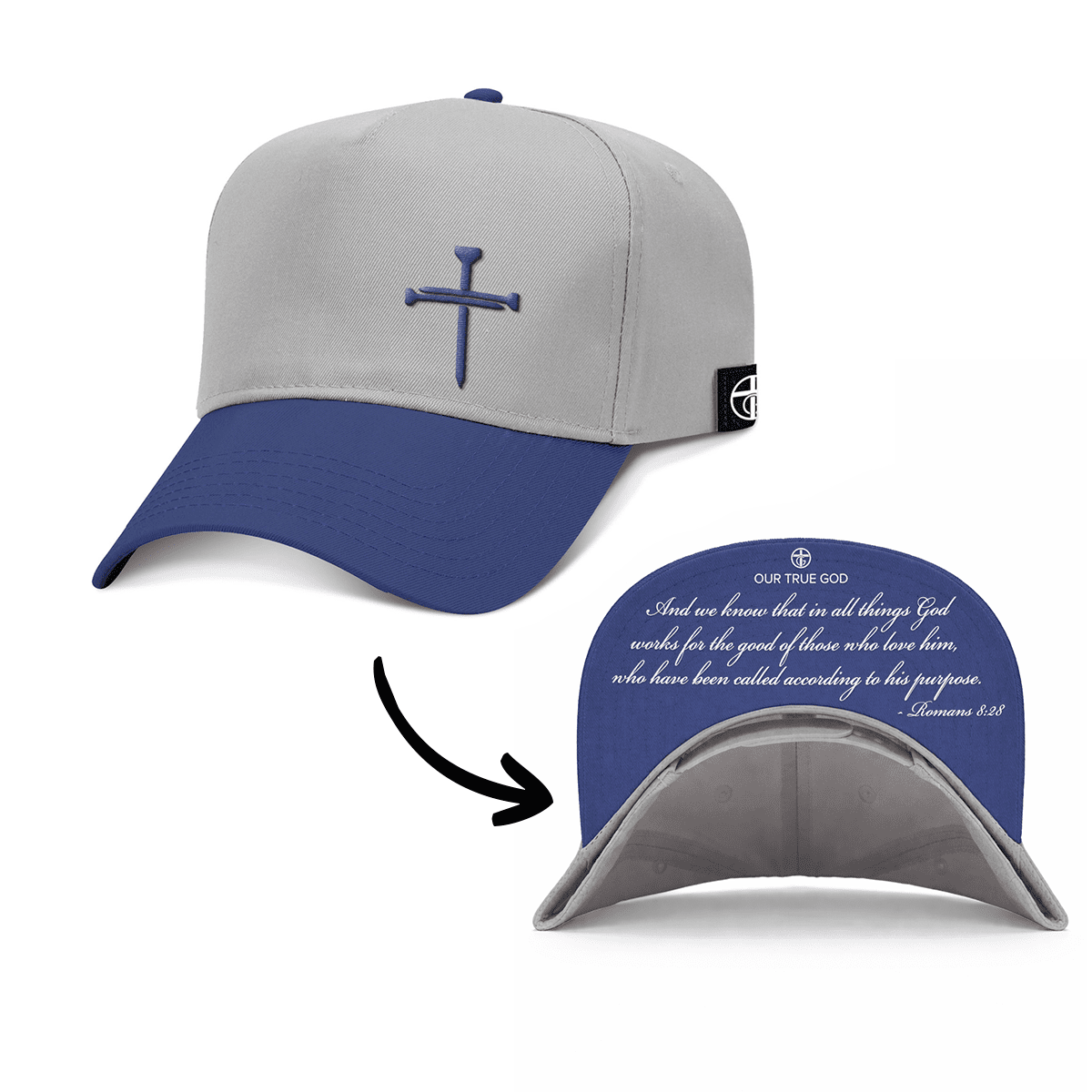 OurTrueGod Customs Hat Baseball / Royal Blue and Grey / One Size 3 Nail Cross - Romans 8:28 Two Tone Prayer Print Hats