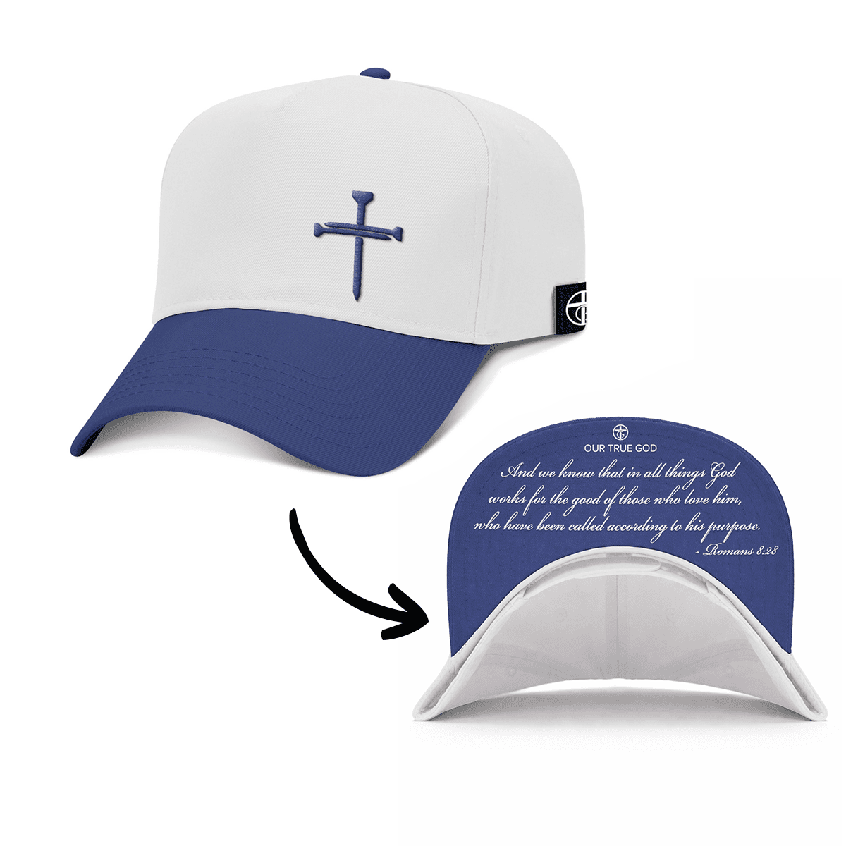 OurTrueGod Customs Hat Baseball / Royal Blue and White / One Size 3 Nail Cross - Romans 8:28 Two Tone Prayer Print Hats