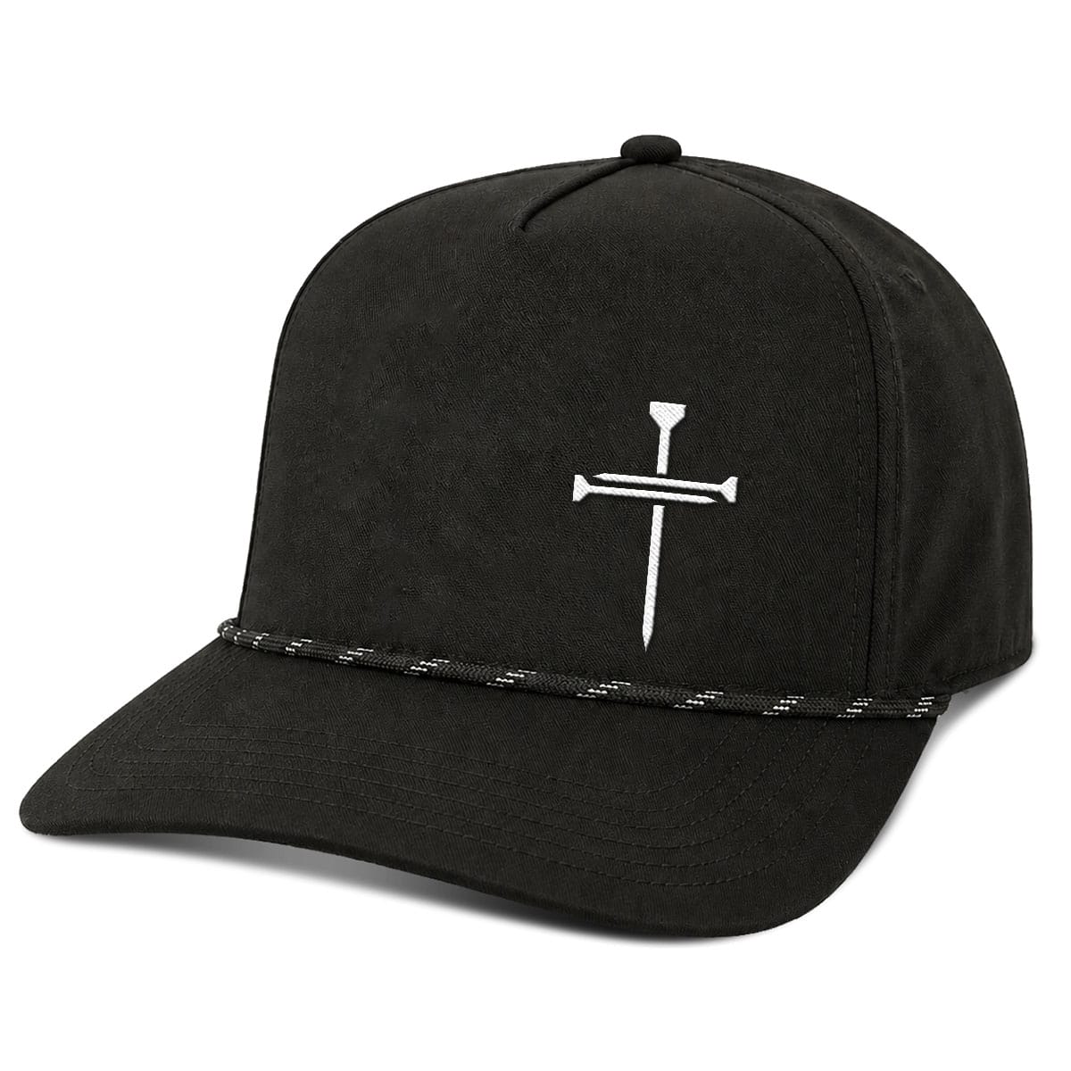 OurTrueGod Customs Hat Five Panel Classic / Black / One Size Nail Cross Lower Left Rope Hats