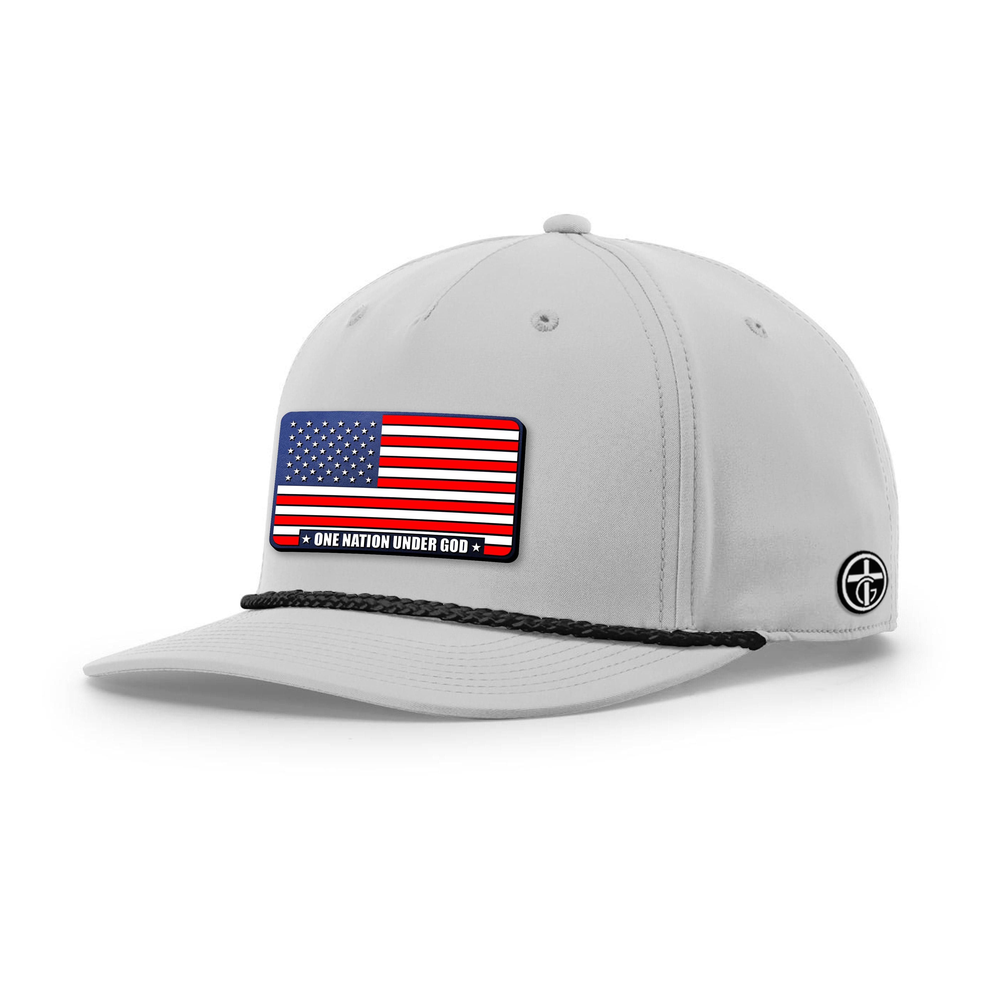 OurTrueGod Customs Hat Five Panel Classic / Light Grey and Black / One Size One Nation Under God Stars and Stripes Patch Rope Hats