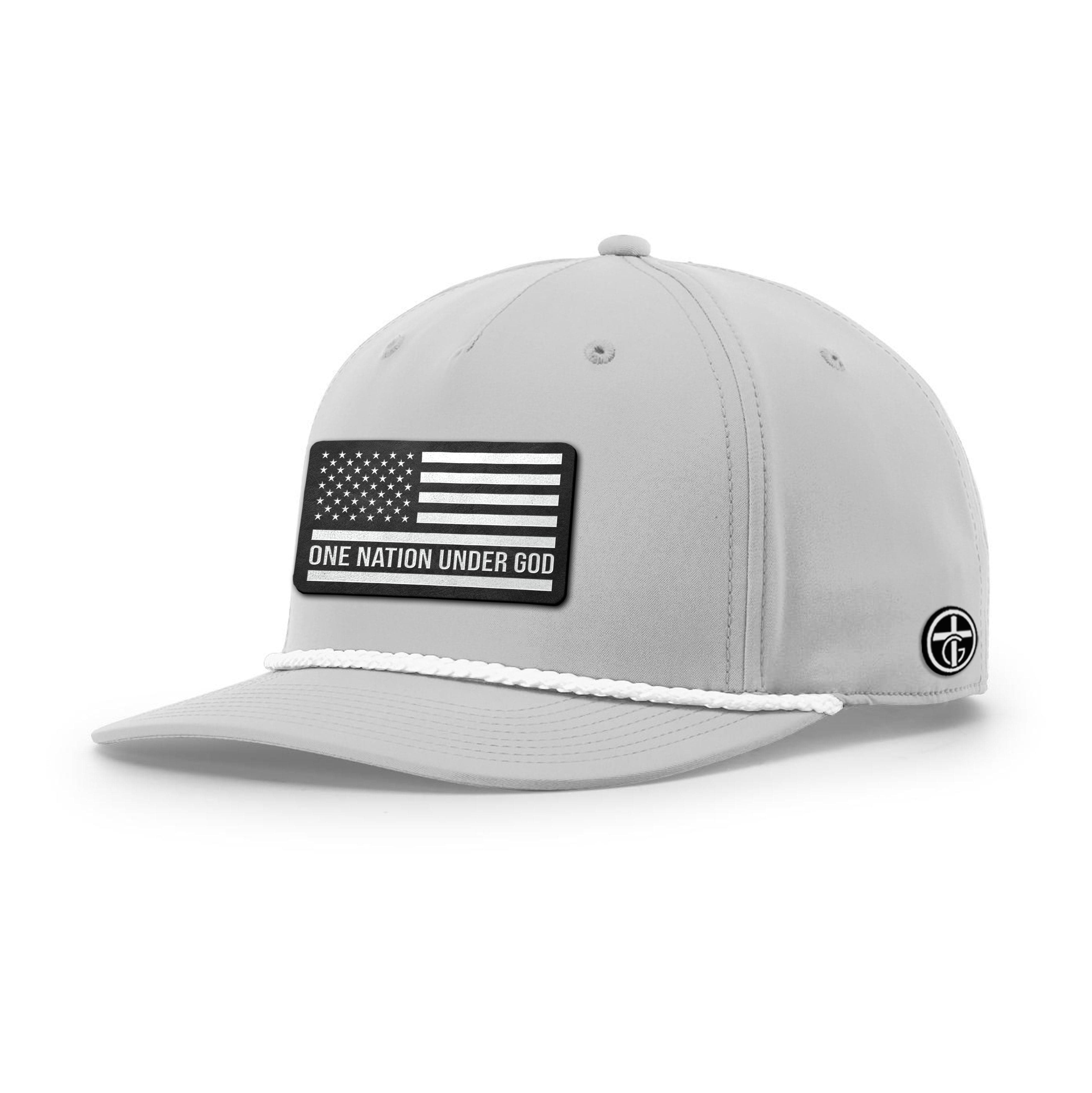 OurTrueGod Customs Hat Five Panel Classic / Light Grey and White / One Size One Nation Under God Flag DBD Edition Patch Rope Hats