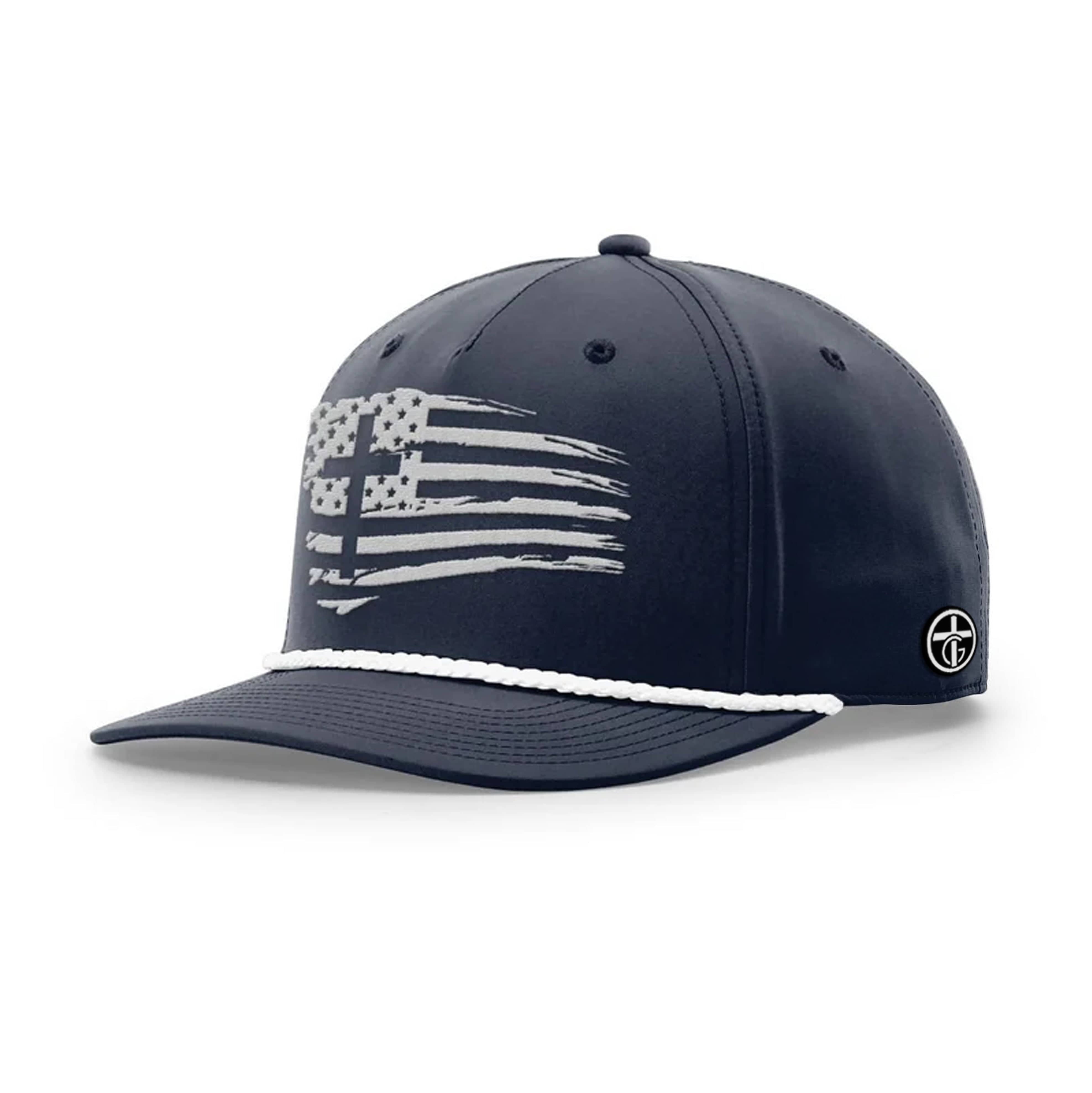 OurTrueGod Customs Hat Five Panel Classic / Navy and White / One Size Tattered Flag Cross Rope Hats