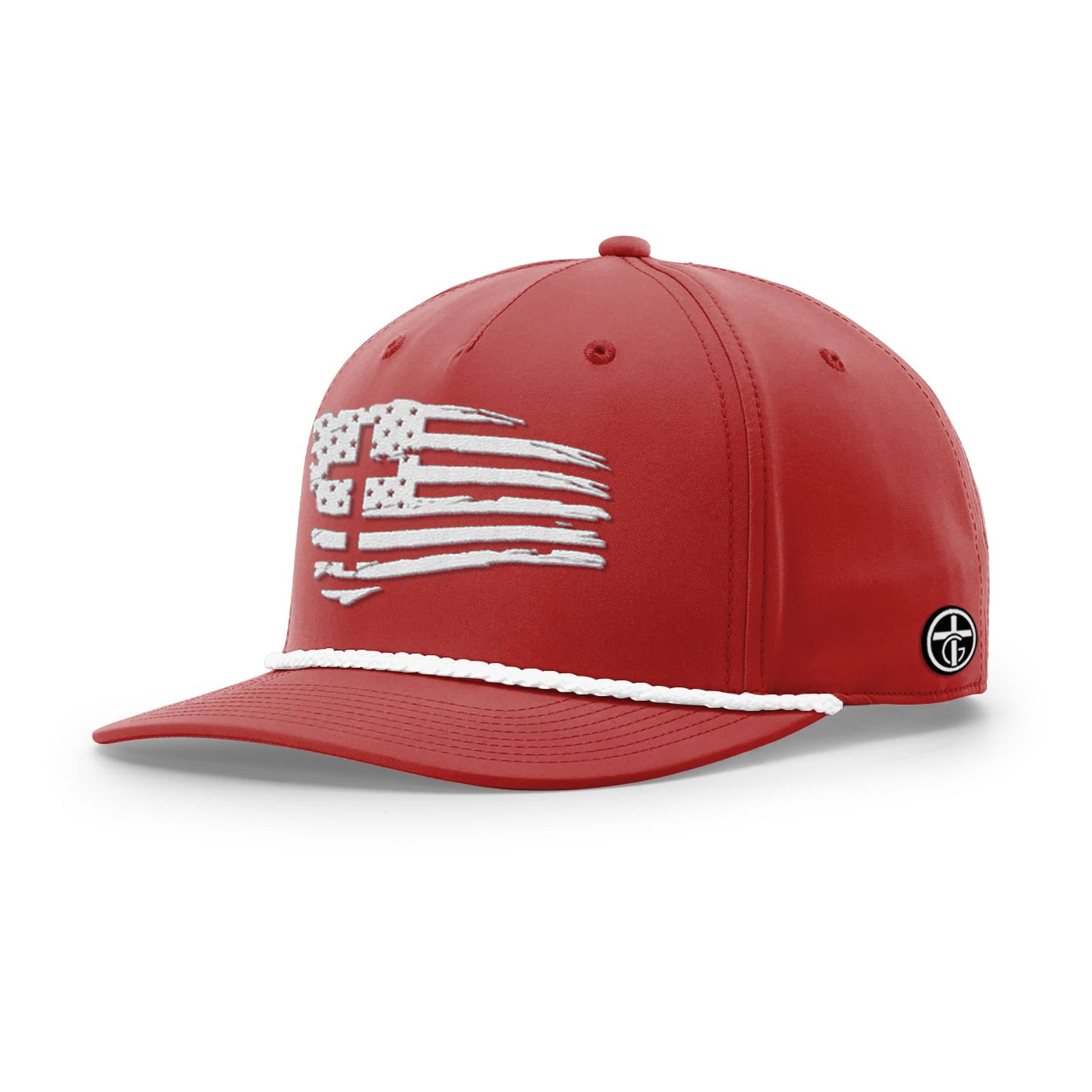 OurTrueGod Customs Hat Five Panel Classic / Red and White / One Size Tattered Flag Cross Rope Hats