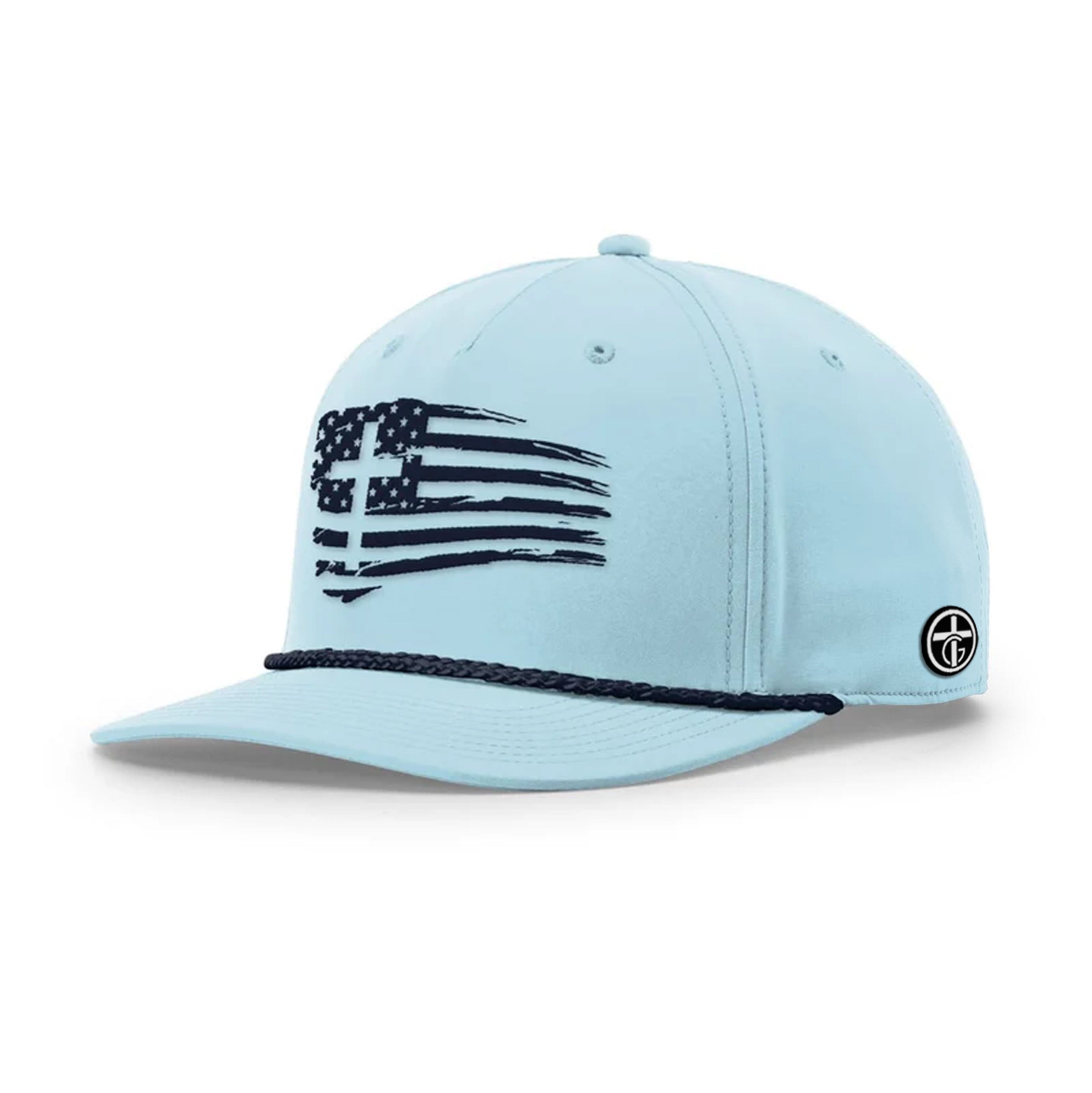 OurTrueGod Customs Hat Five Panel Classic / Soft Blue and Navy / One Size Tattered Flag Cross Rope Hats