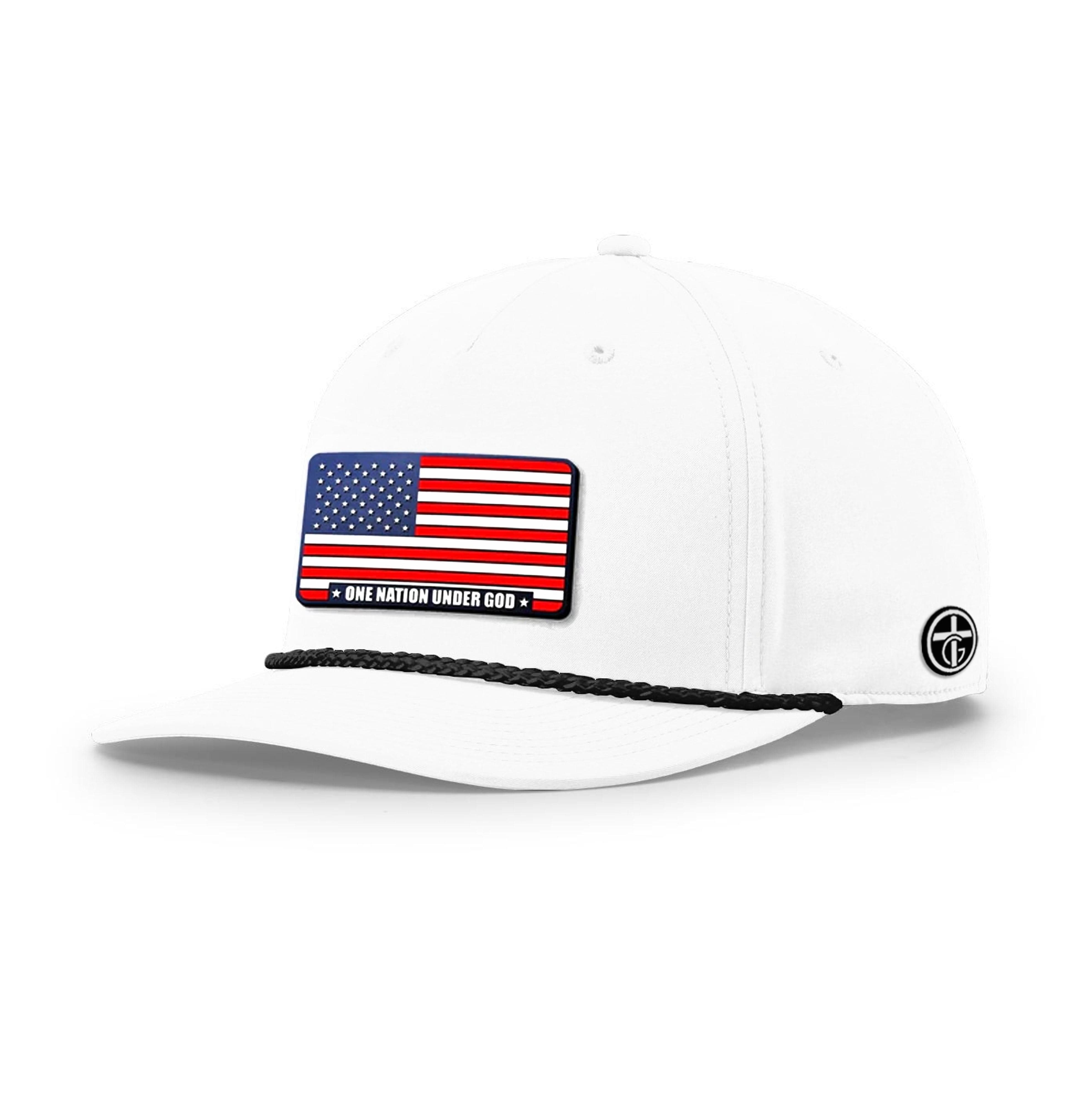OurTrueGod Customs Hat Five Panel Classic / White and Black / One Size One Nation Under God Stars and Stripes Patch Rope Hats