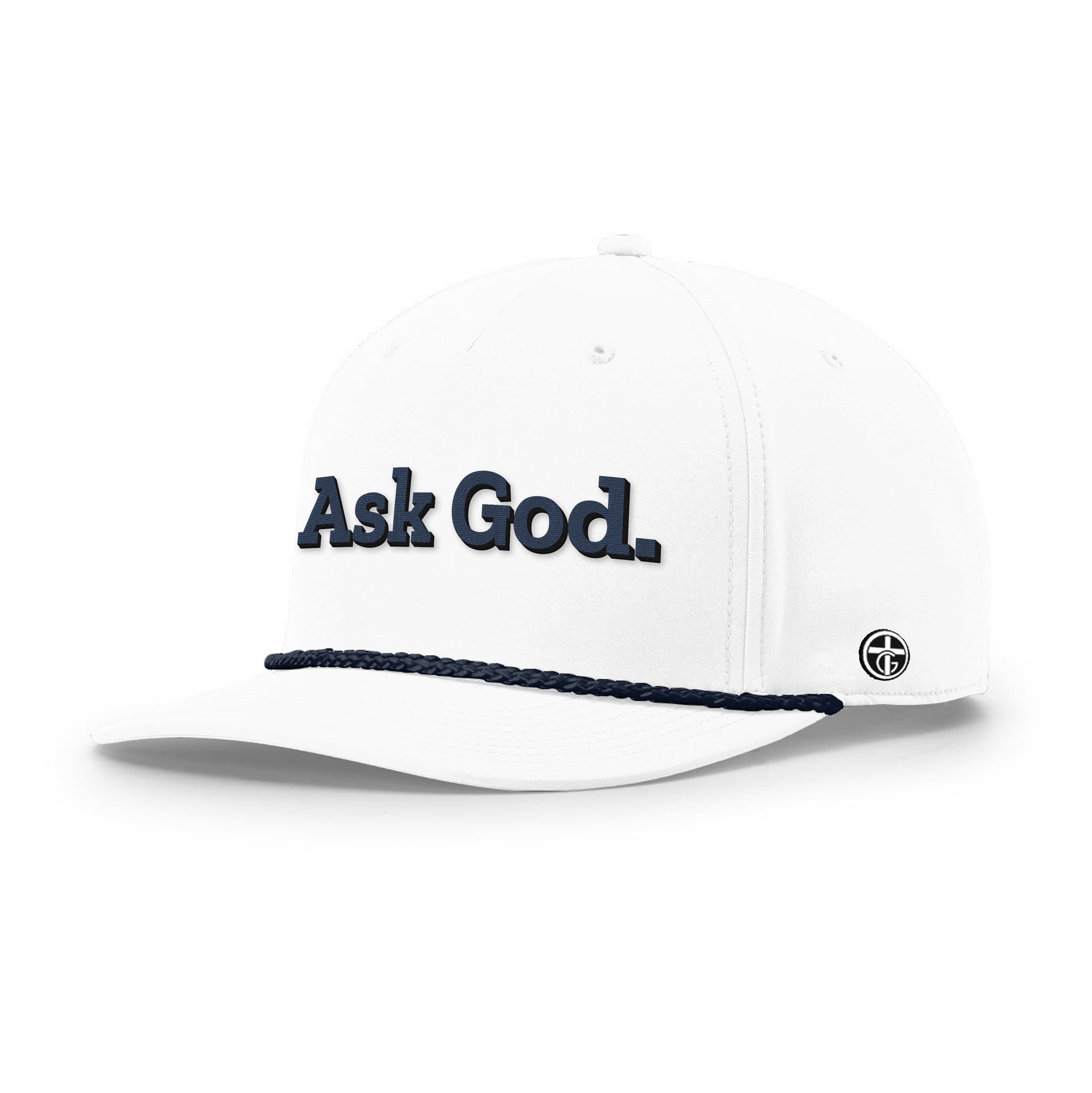OurTrueGod Customs Hat Five Panel Classic / White and Navy / One Size Ask God. Rope Hats
