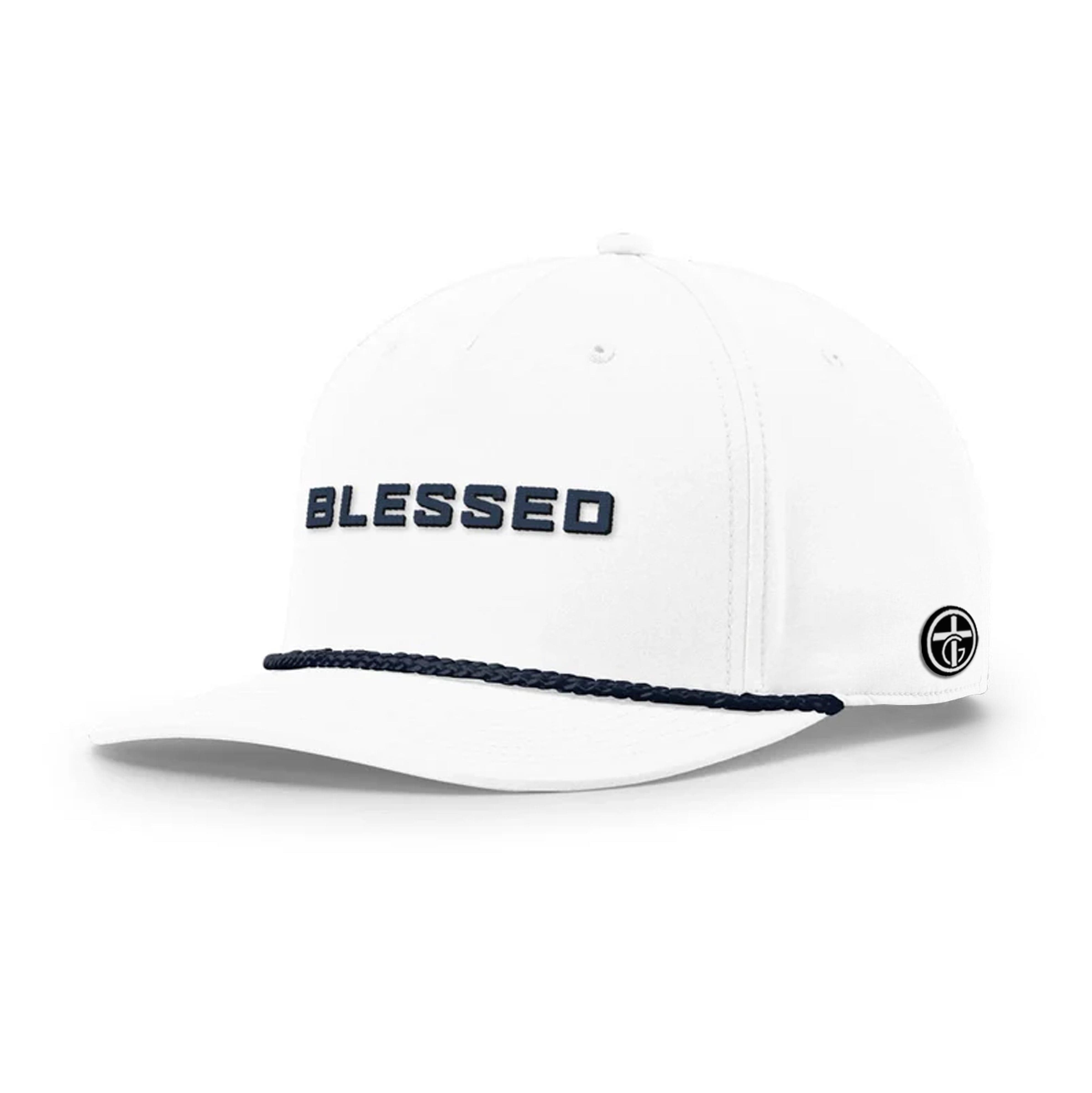 OurTrueGod Customs Hat Five Panel Classic / White and Navy / One Size BLESSED Rope Hats