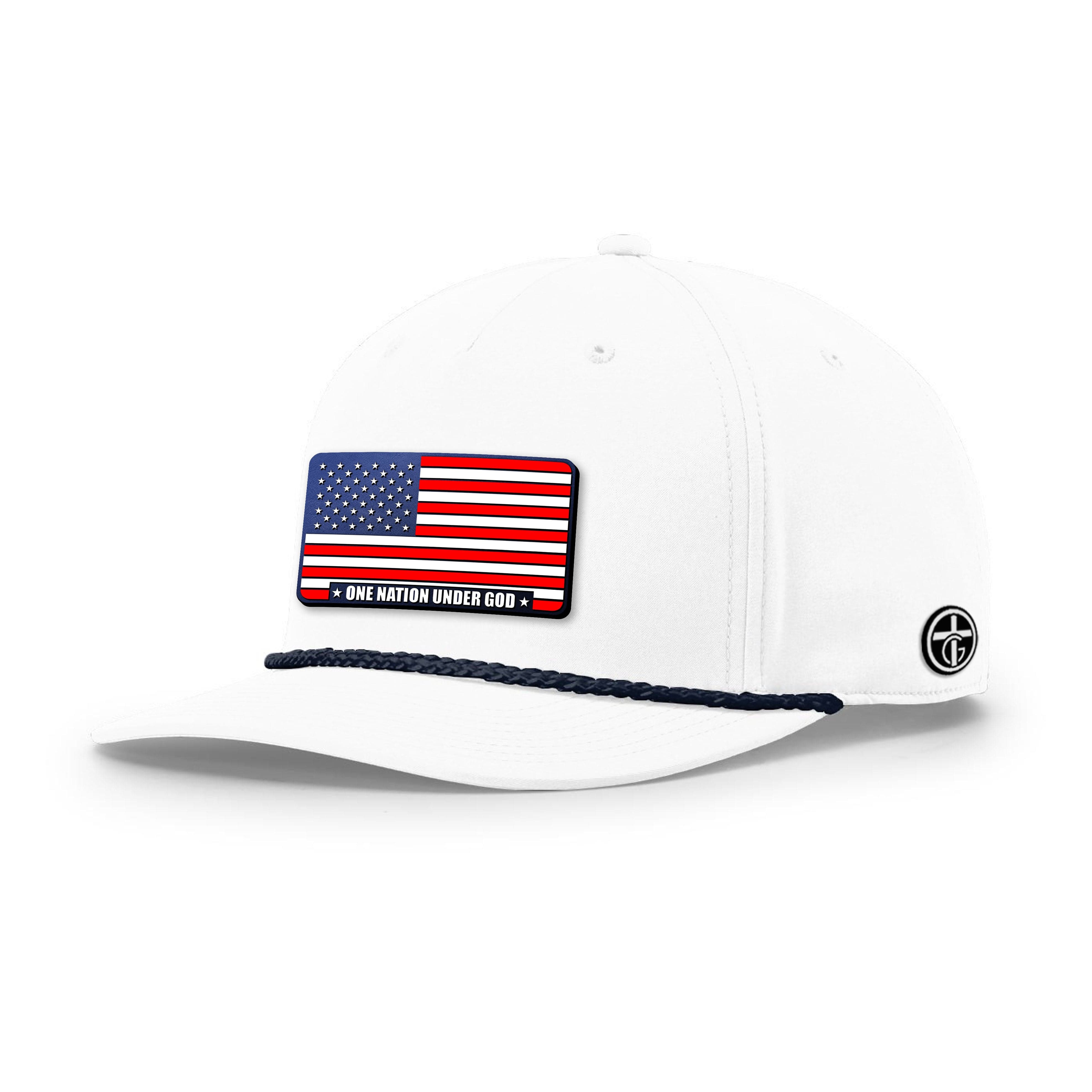 OurTrueGod Customs Hat Five Panel Classic / White and Navy / One Size One Nation Under God Stars and Stripes Patch Rope Hats