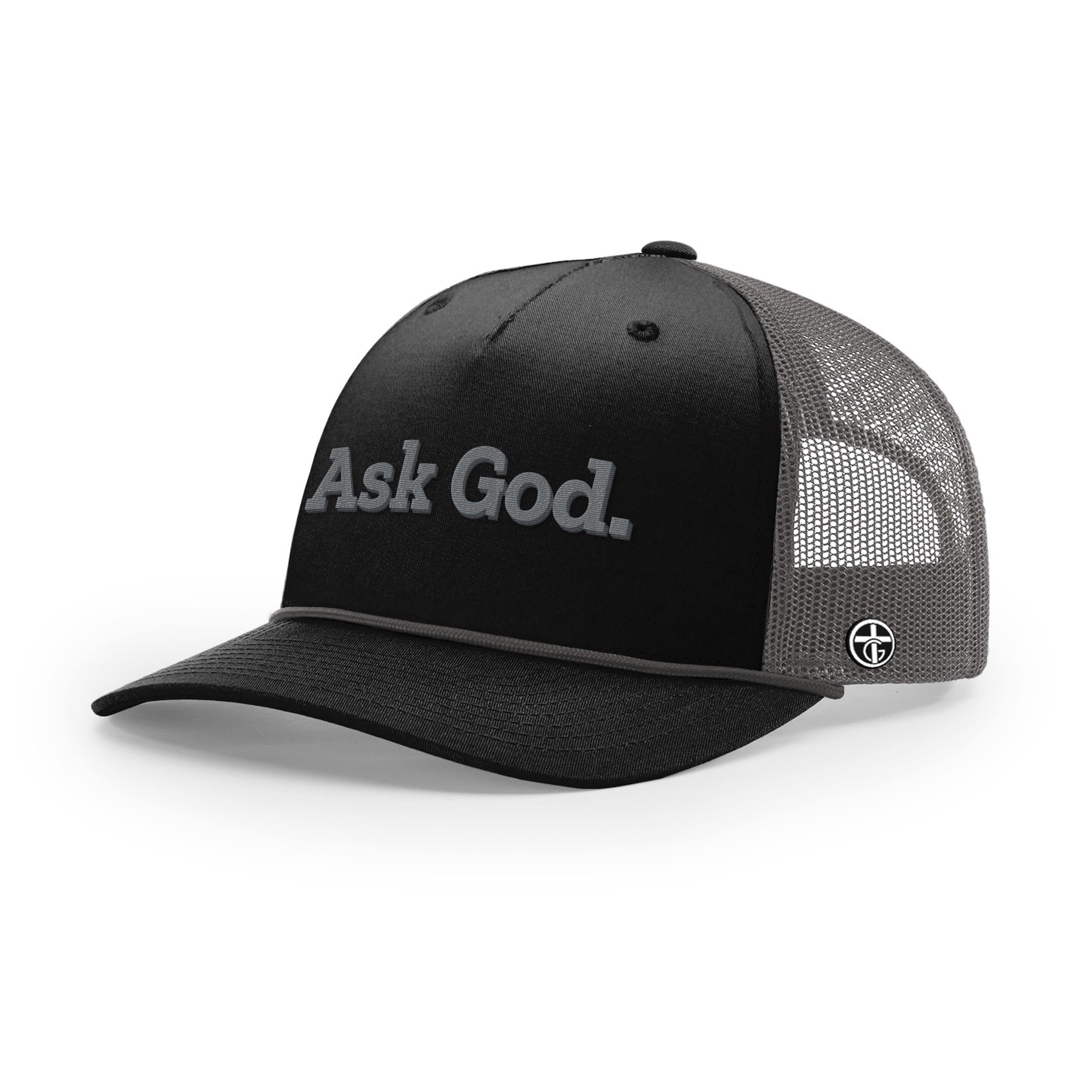 OurTrueGod Customs Hat Five Panel Trucker with Rope / Black and Charcoal / One Size Ask God. Rope Trucker Hats