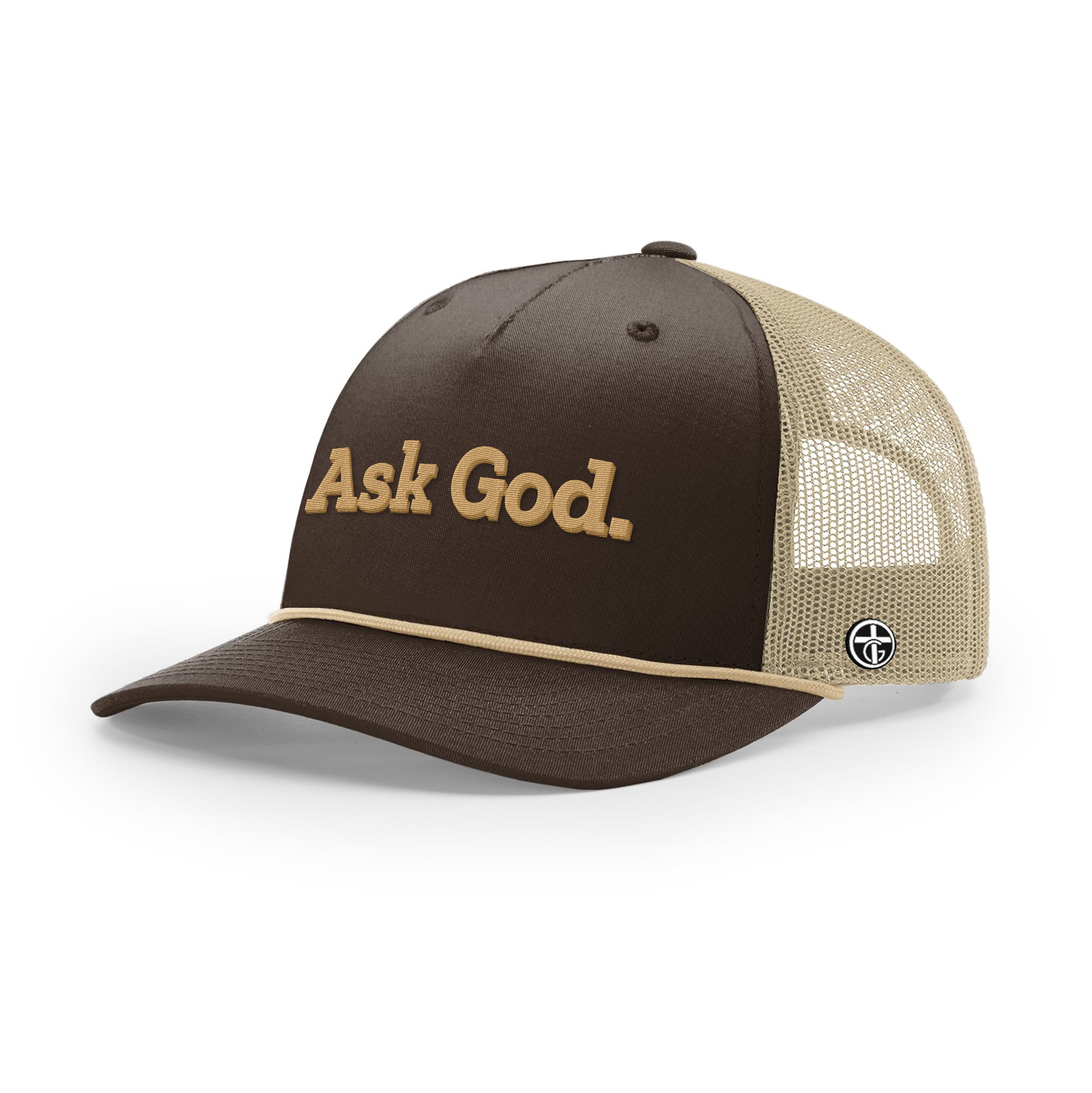 OurTrueGod Customs Hat Five Panel Trucker with Rope / Brown and Khaki / One Size Ask God. Rope Trucker Hats