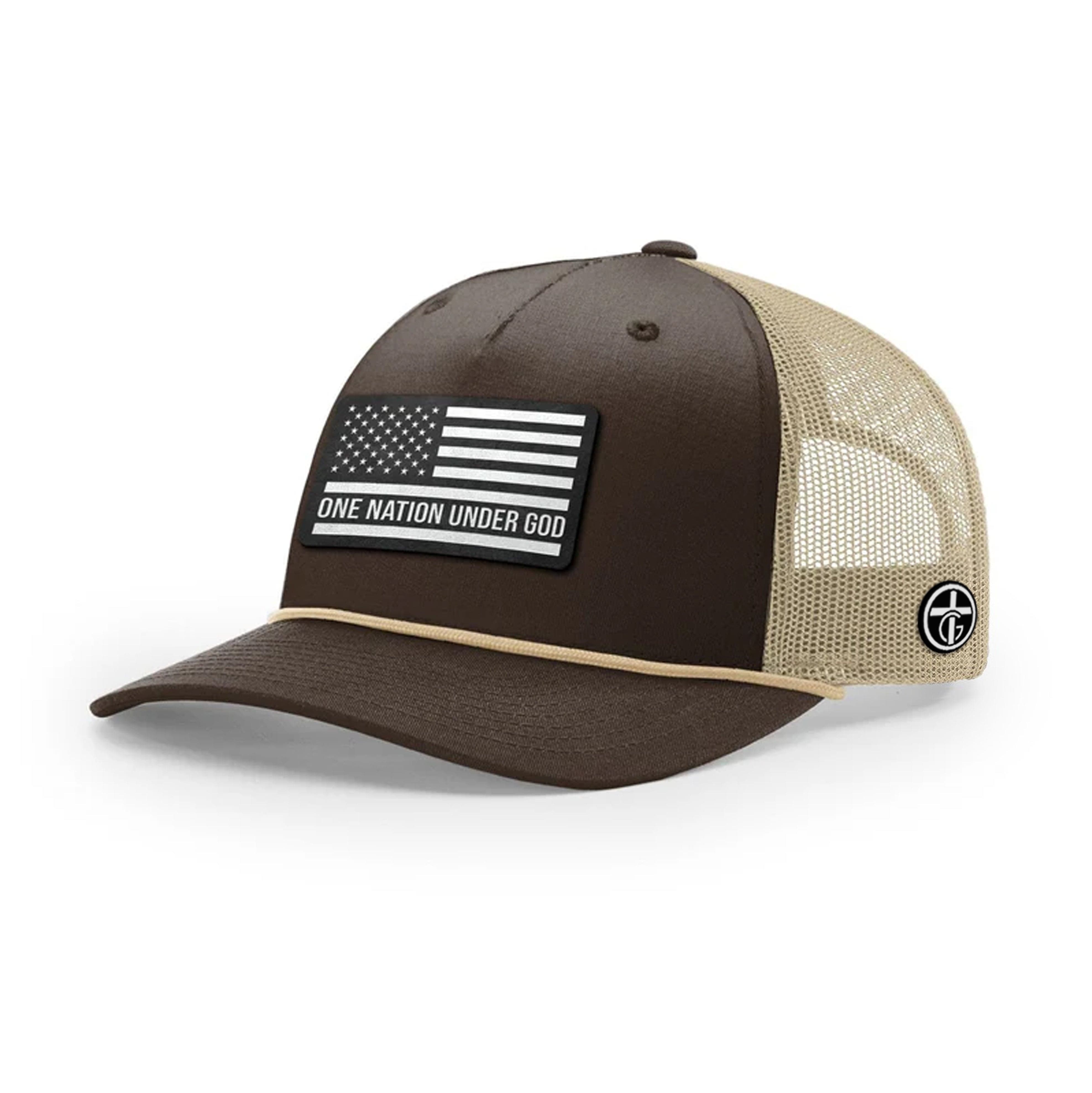 OurTrueGod Customs Hat Five Panel Trucker with Rope / Brown and Khaki / One Size One Nation Under God DBD Patch Rope Trucker Hats