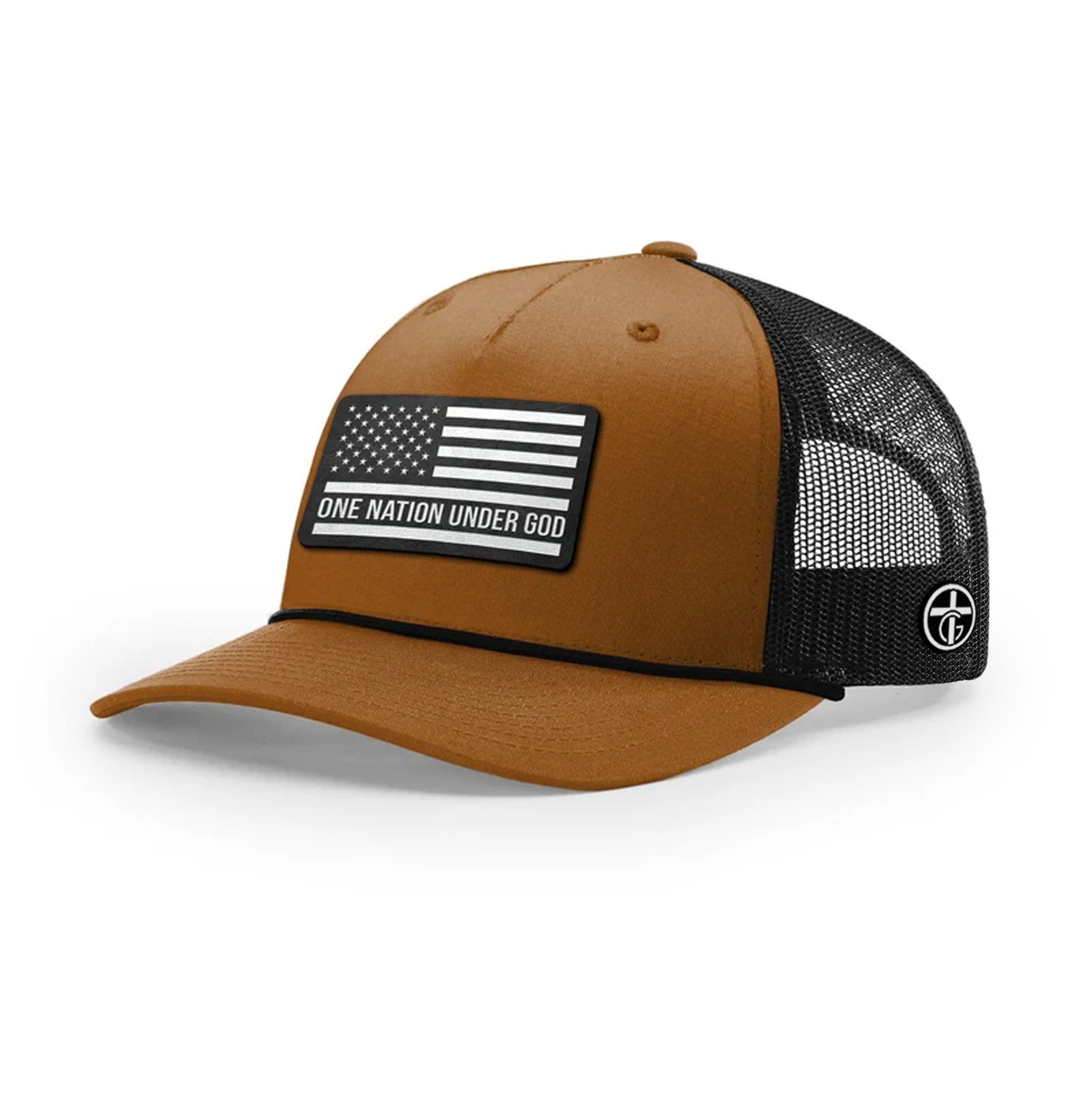 OurTrueGod Customs Hat Five Panel Trucker with Rope / Caramel and Black / One Size One Nation Under God DBD Patch Rope Trucker Hats