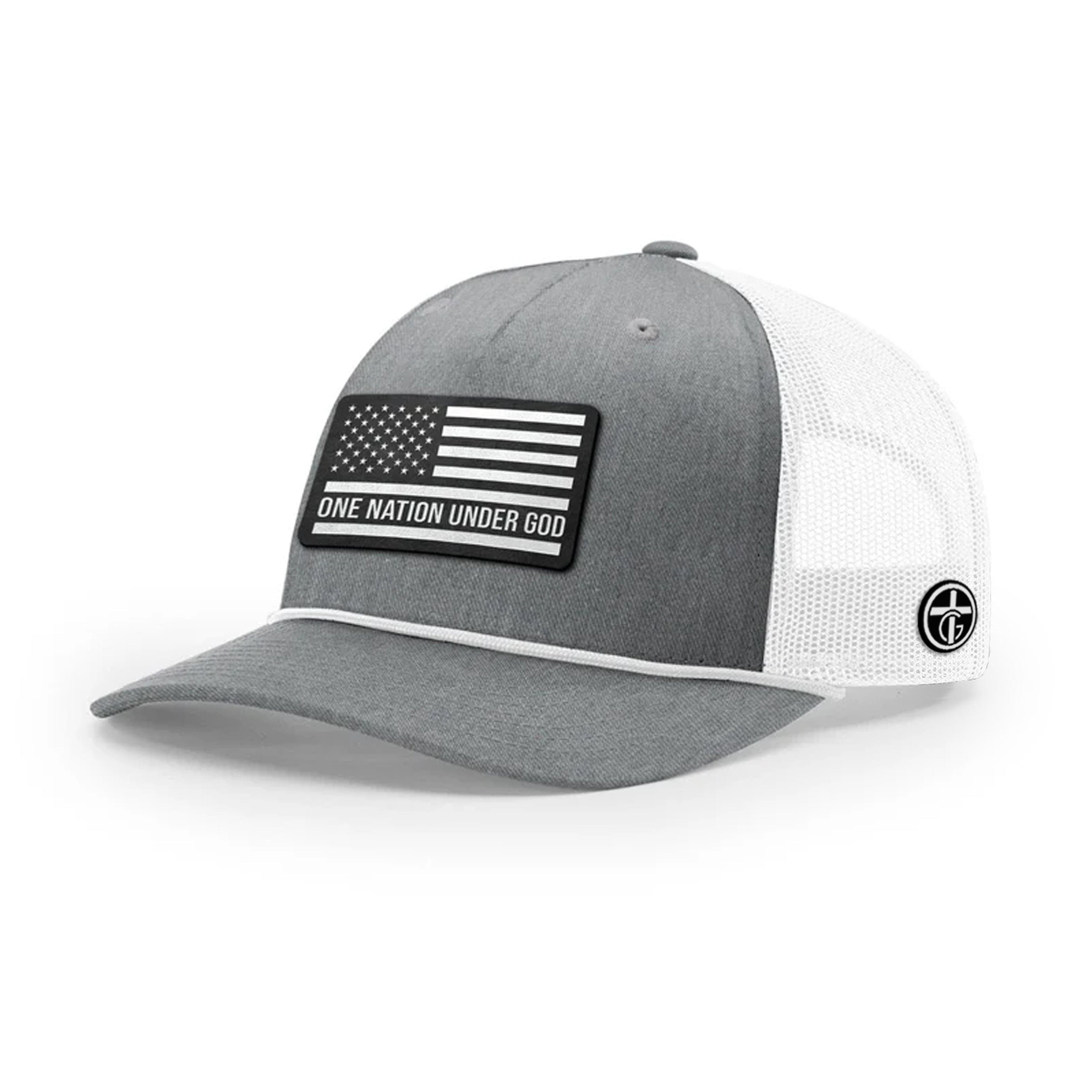 OurTrueGod Customs Hat Five Panel Trucker with Rope / Heather Grey and White / One Size One Nation Under God DBD Patch Rope Trucker Hats