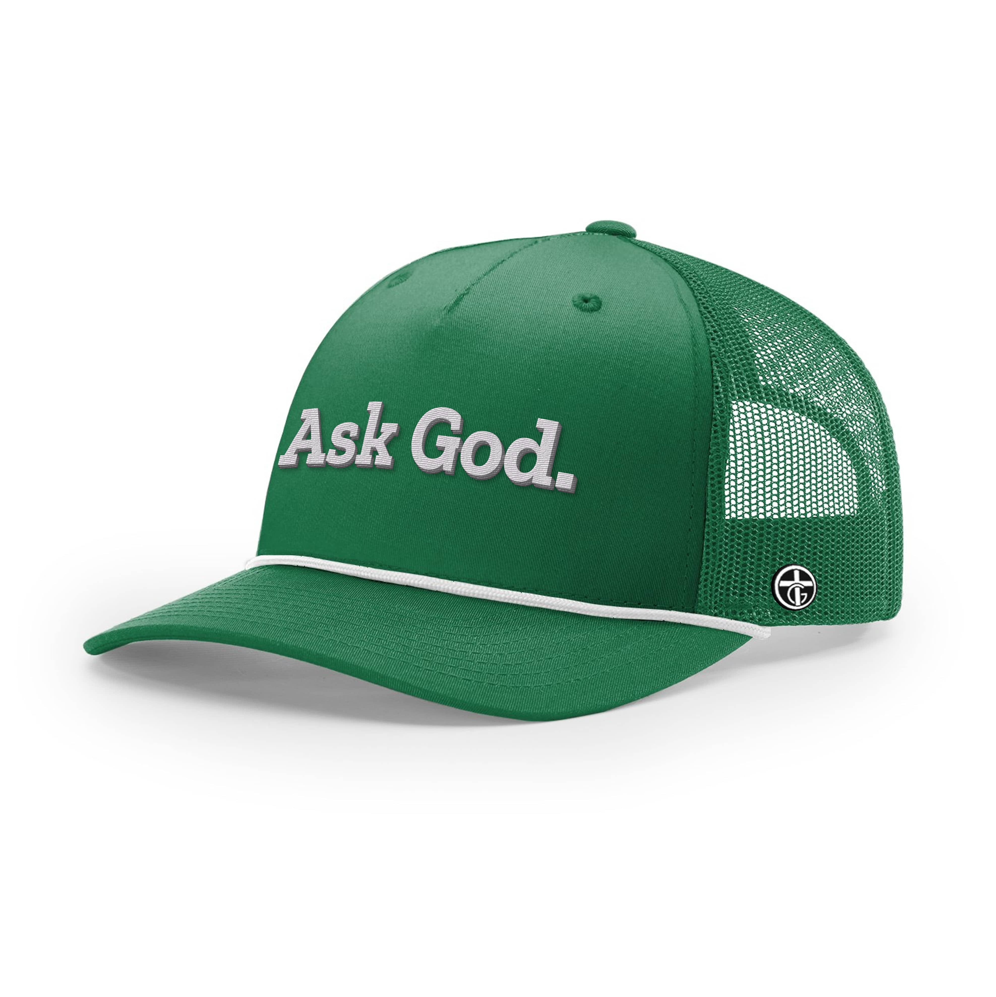 OurTrueGod Customs Hat Five Panel Trucker with Rope / Kelly and White / One Size Ask God. Rope Trucker Hats