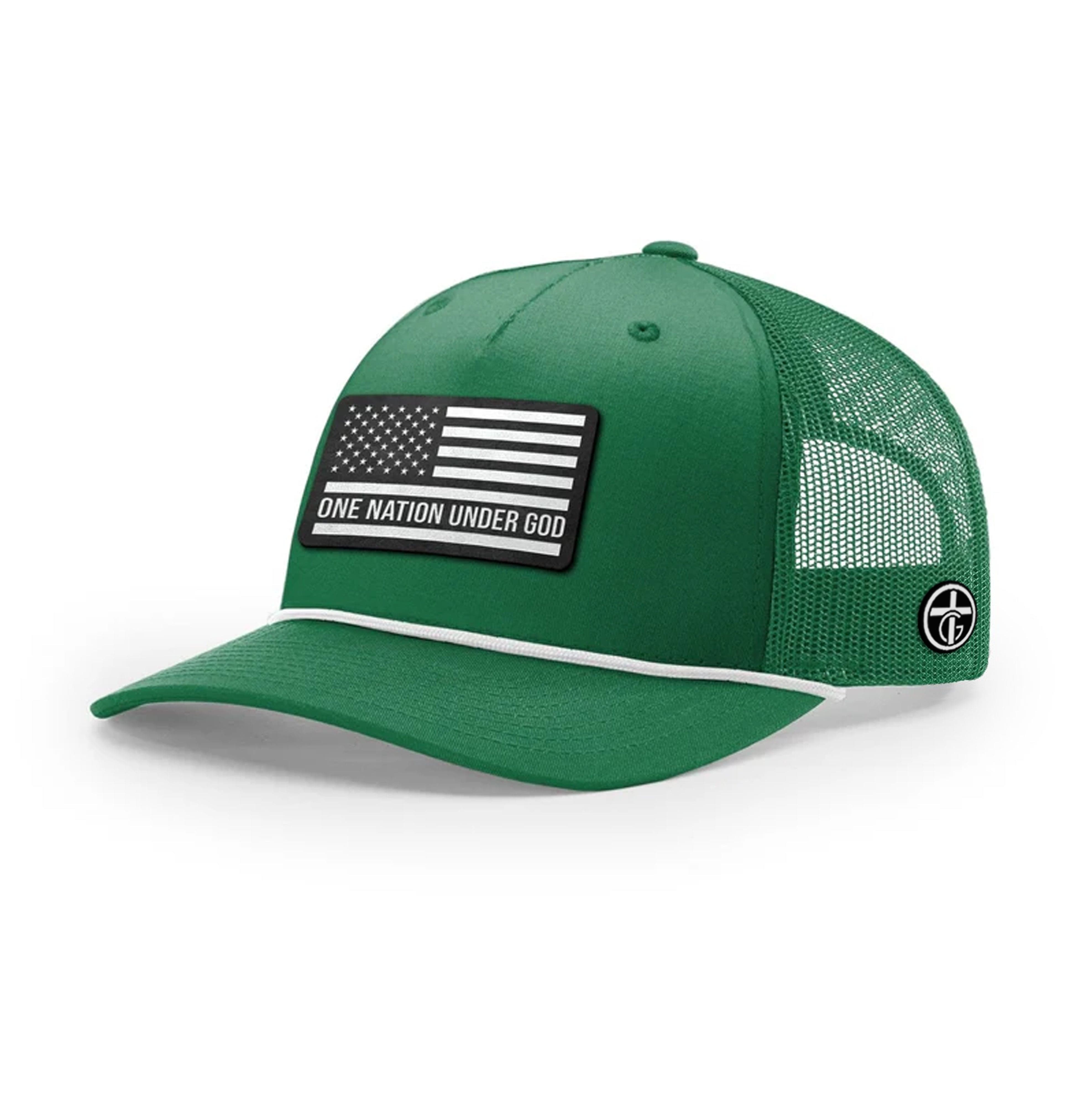 OurTrueGod Customs Hat Five Panel Trucker with Rope / Kelly and White / One Size One Nation Under God DBD Patch Rope Trucker Hats