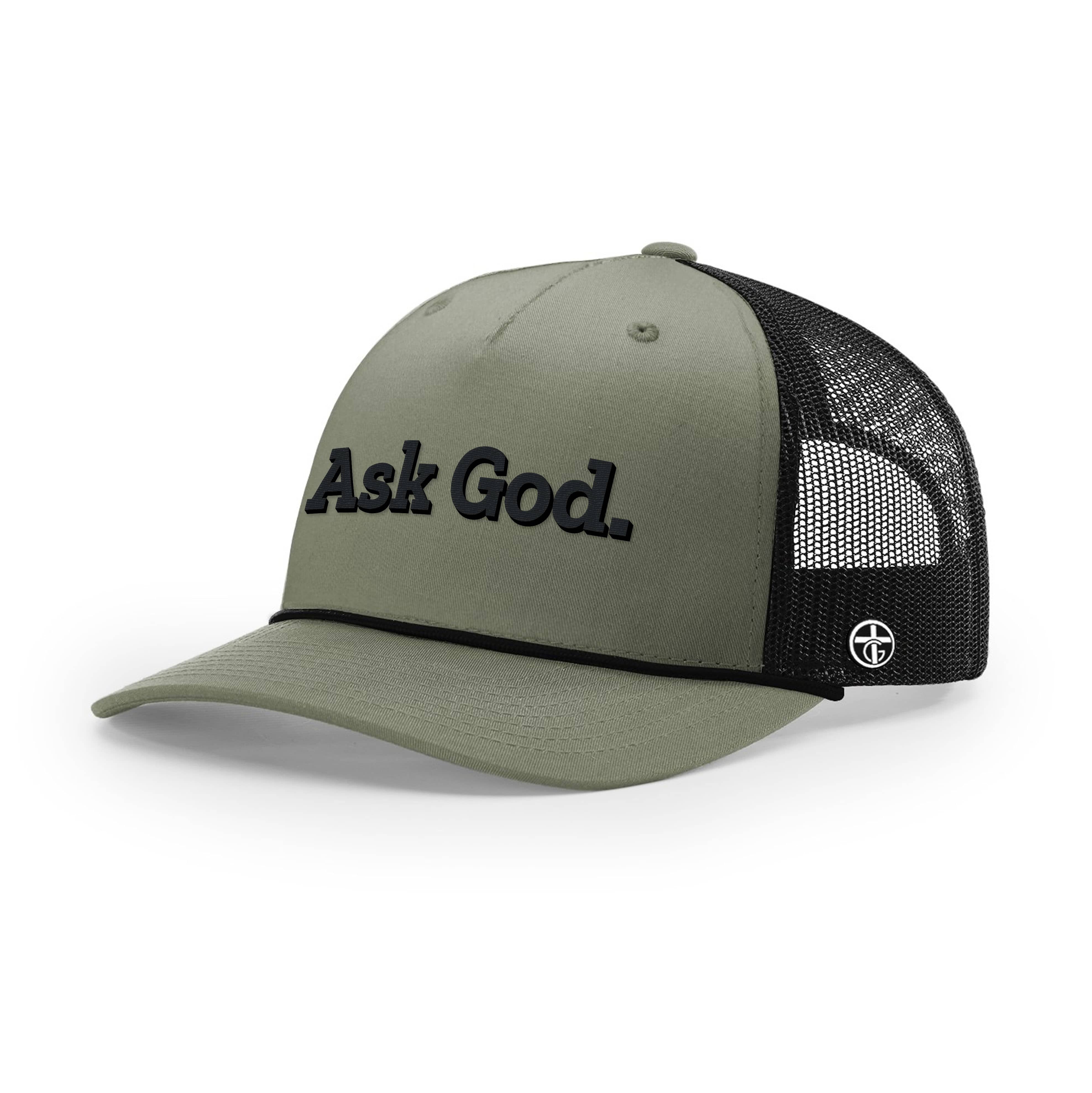 OurTrueGod Customs Hat Five Panel Trucker with Rope / Loden and Black / One Size Ask God. Rope Trucker Hats