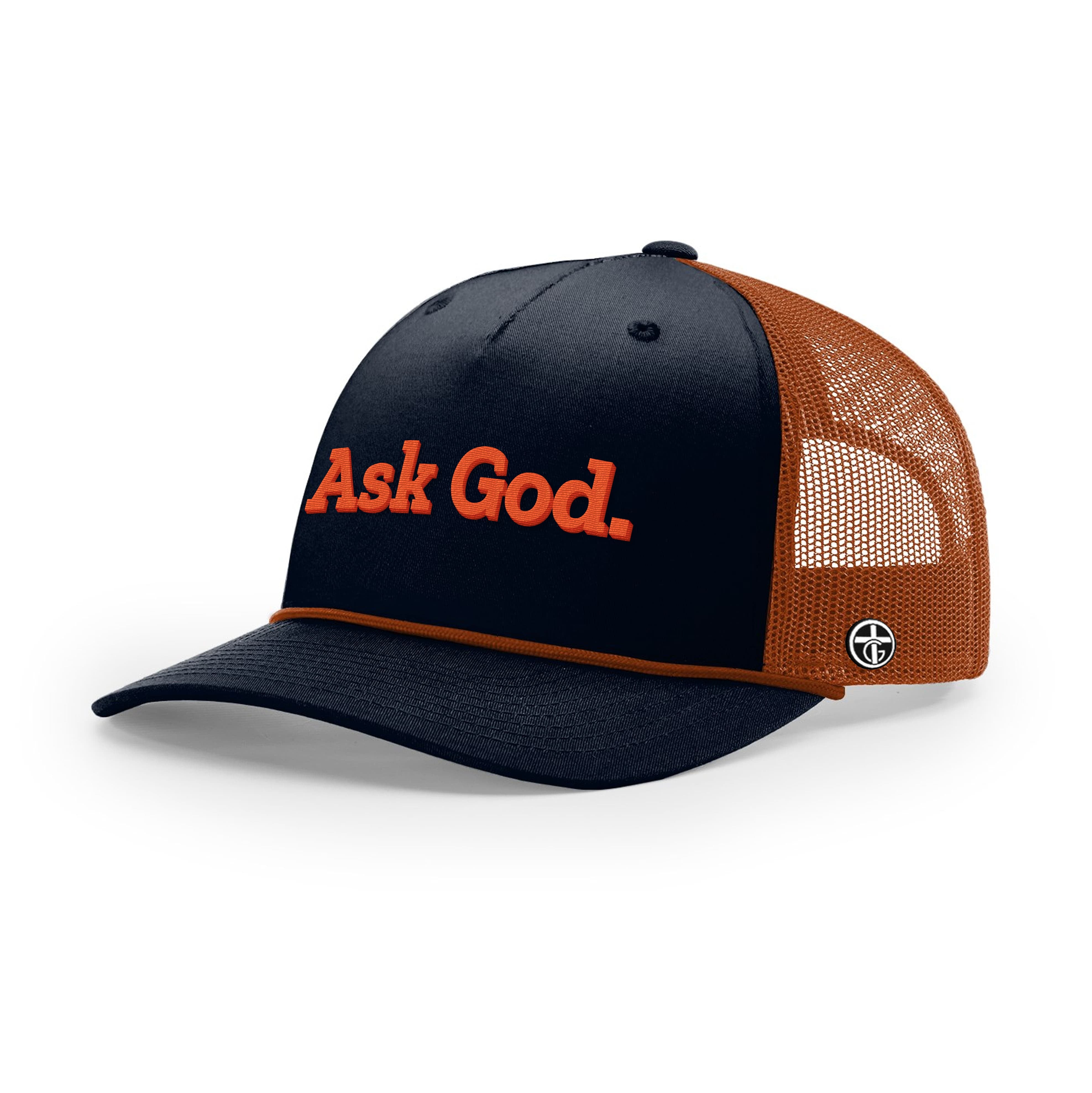 OurTrueGod Customs Hat Five Panel Trucker with Rope / Navy and Dark Orange / One Size Ask God. Rope Trucker Hats