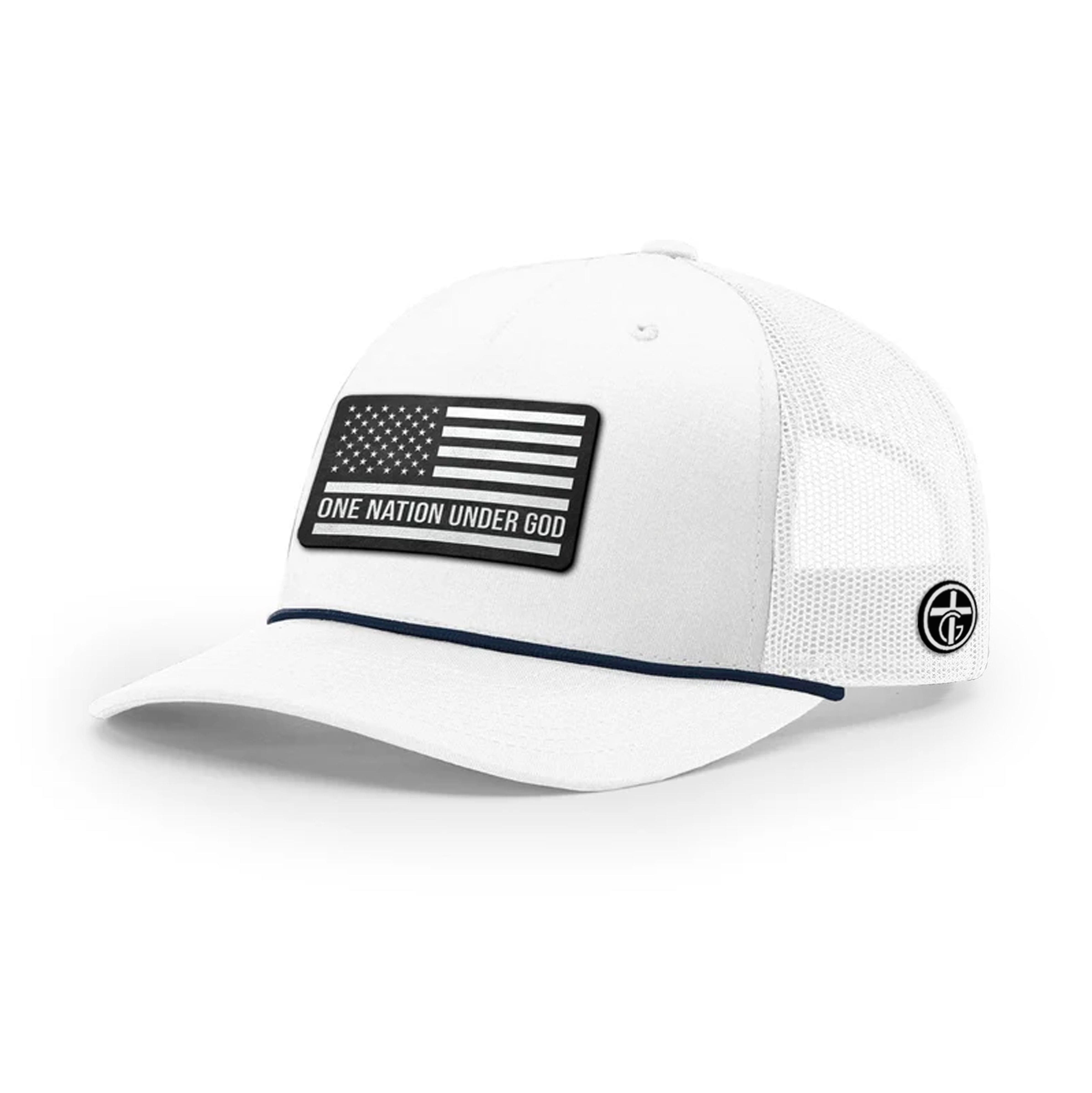 OurTrueGod Customs Hat Five Panel Trucker with Rope / White and Navy / One Size One Nation Under God DBD Patch Rope Trucker Hats