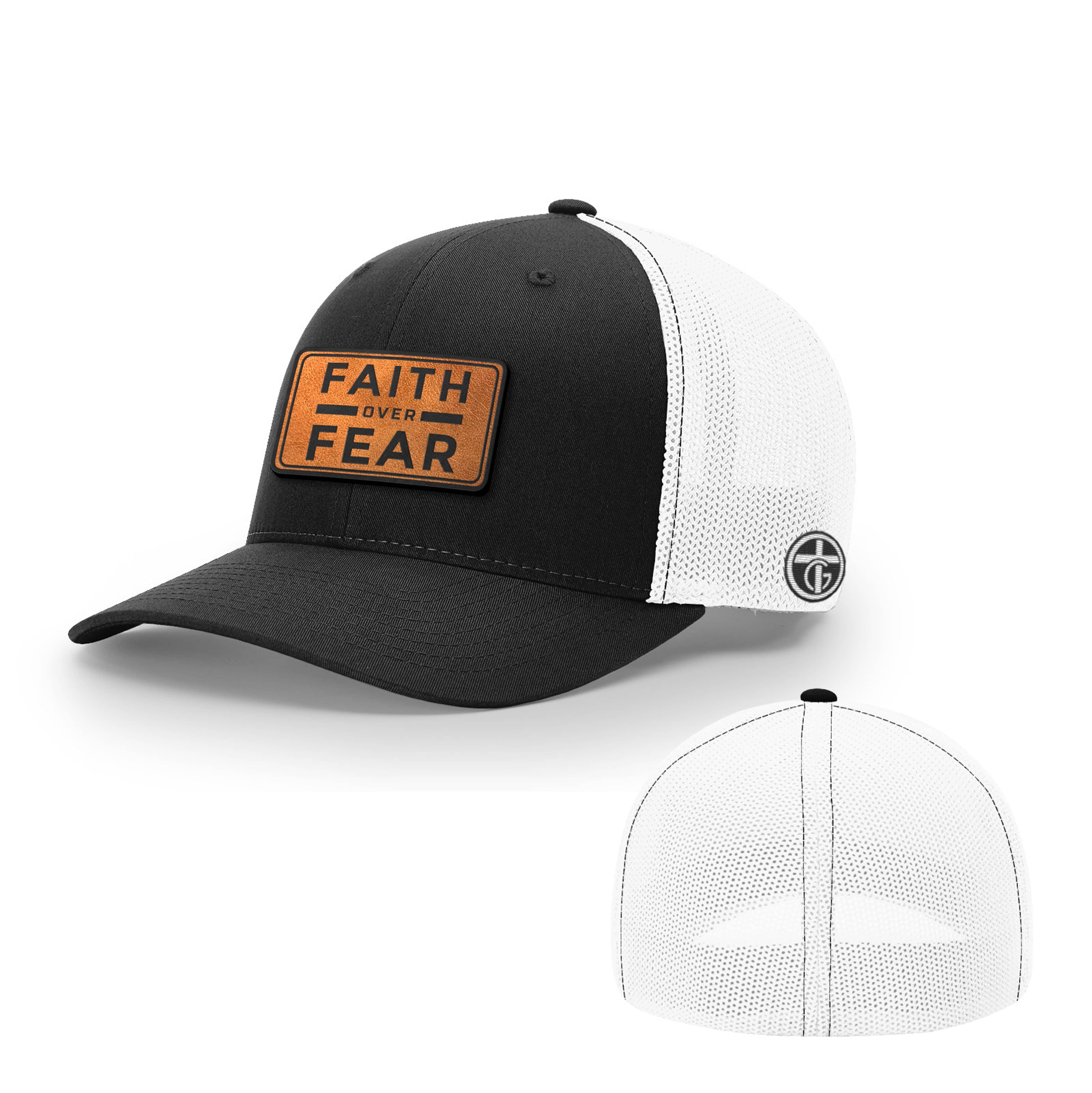 OurTrueGod Customs Hat Flexfit / Black and White / S/M Faith Over Fear Leather Patch Hats