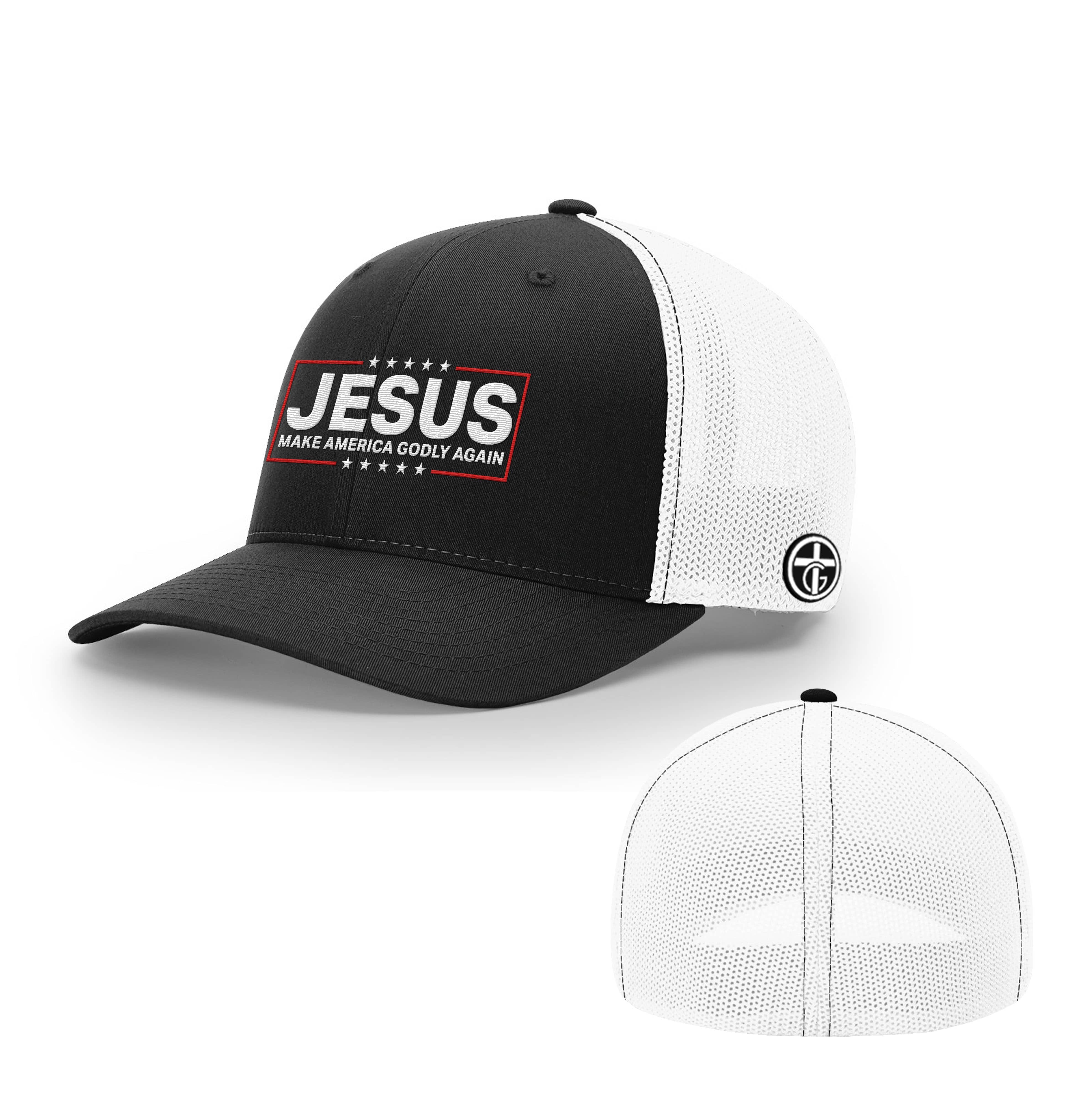 OurTrueGod Customs Hat Flexfit / Black and White / S/M Jesus Make America Godly Again Hats