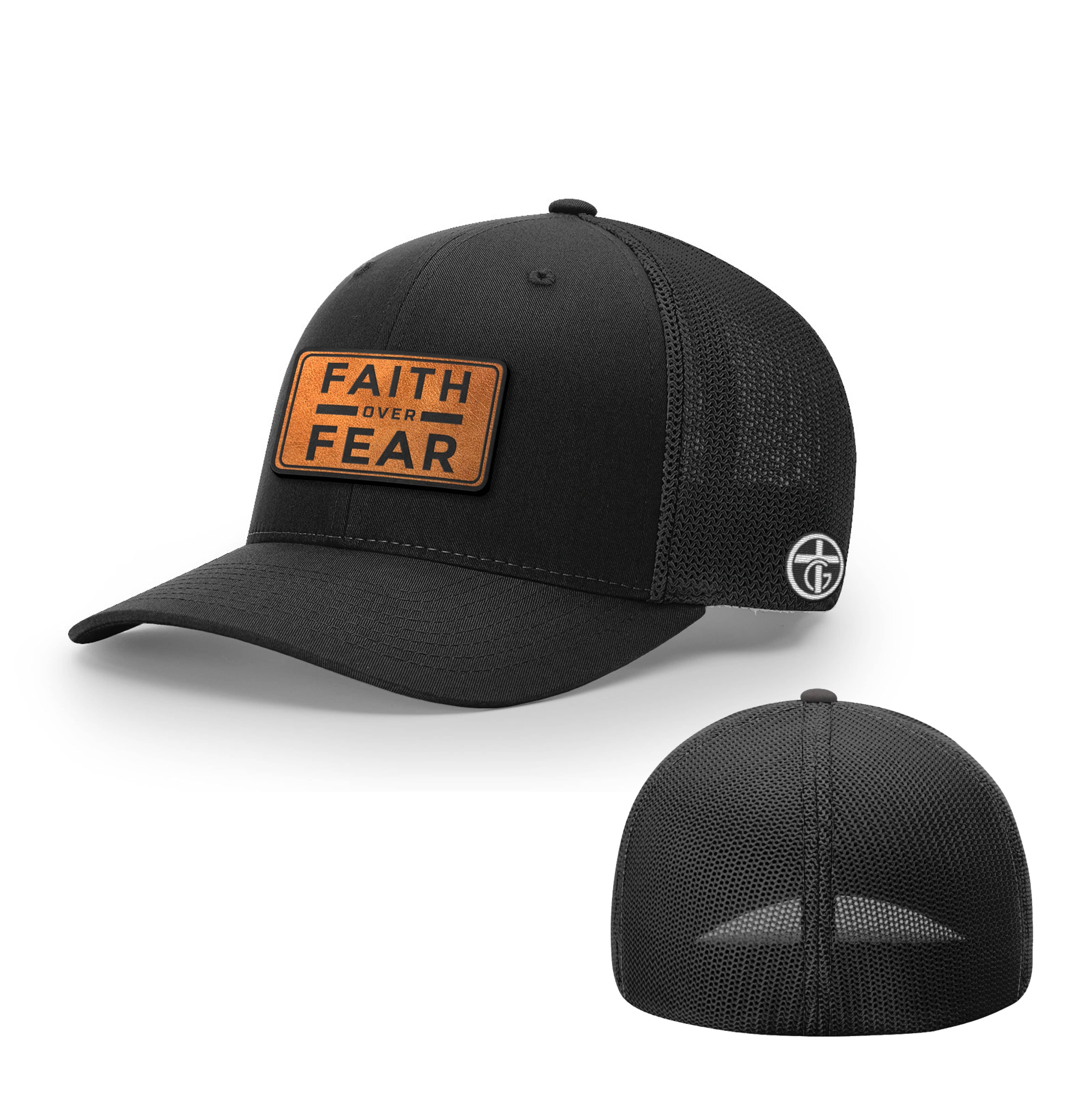 OurTrueGod Customs Hat Flexfit / Full Black / S/M Faith Over Fear Leather Patch Hats