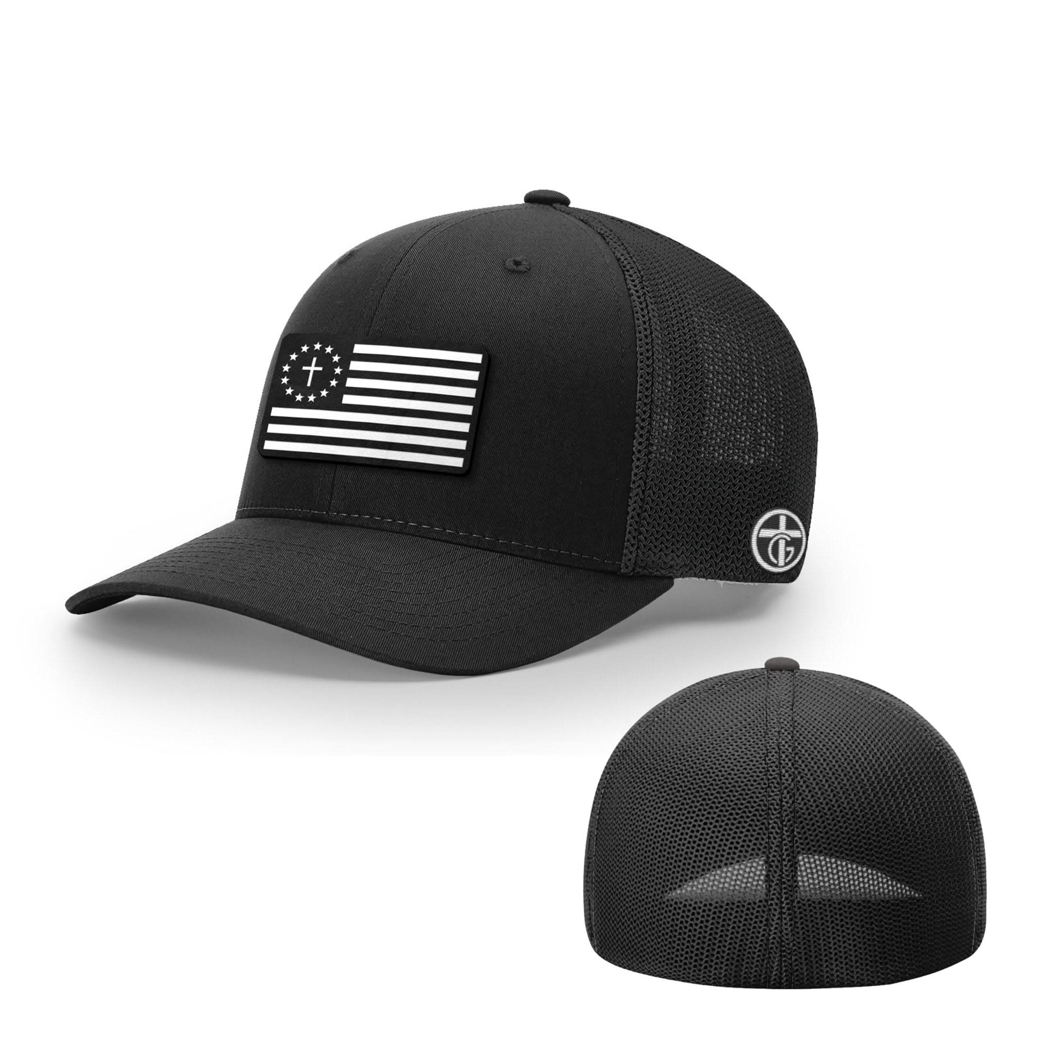 OurTrueGod Customs Hat Flexfit / Full Black / S/M One Nation Under God White Leather Patch Hat - Snapback & Flexfit