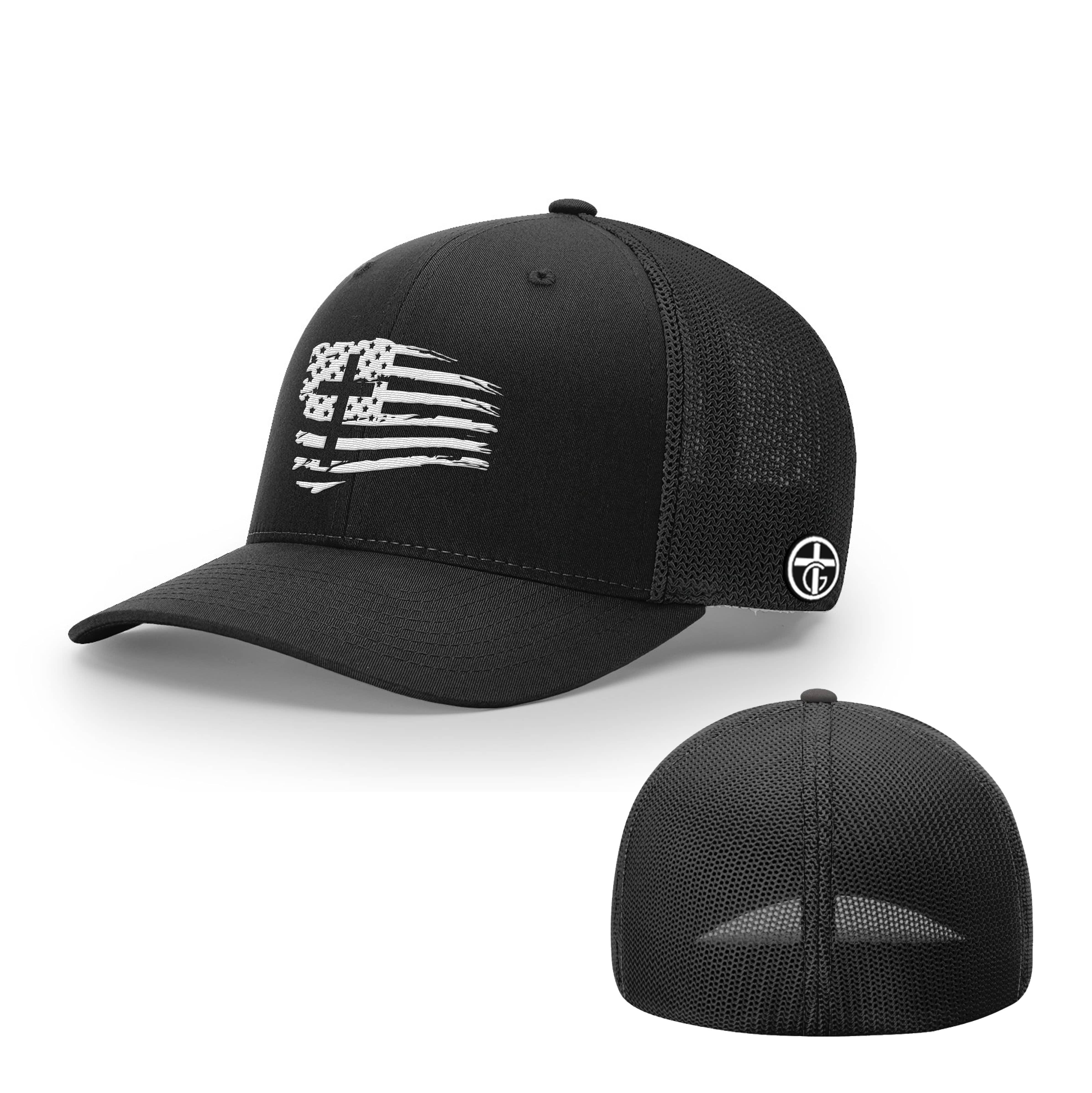 OurTrueGod Customs Hat Flexfit / Full Black / S/M Tattered Flag Cross Hats