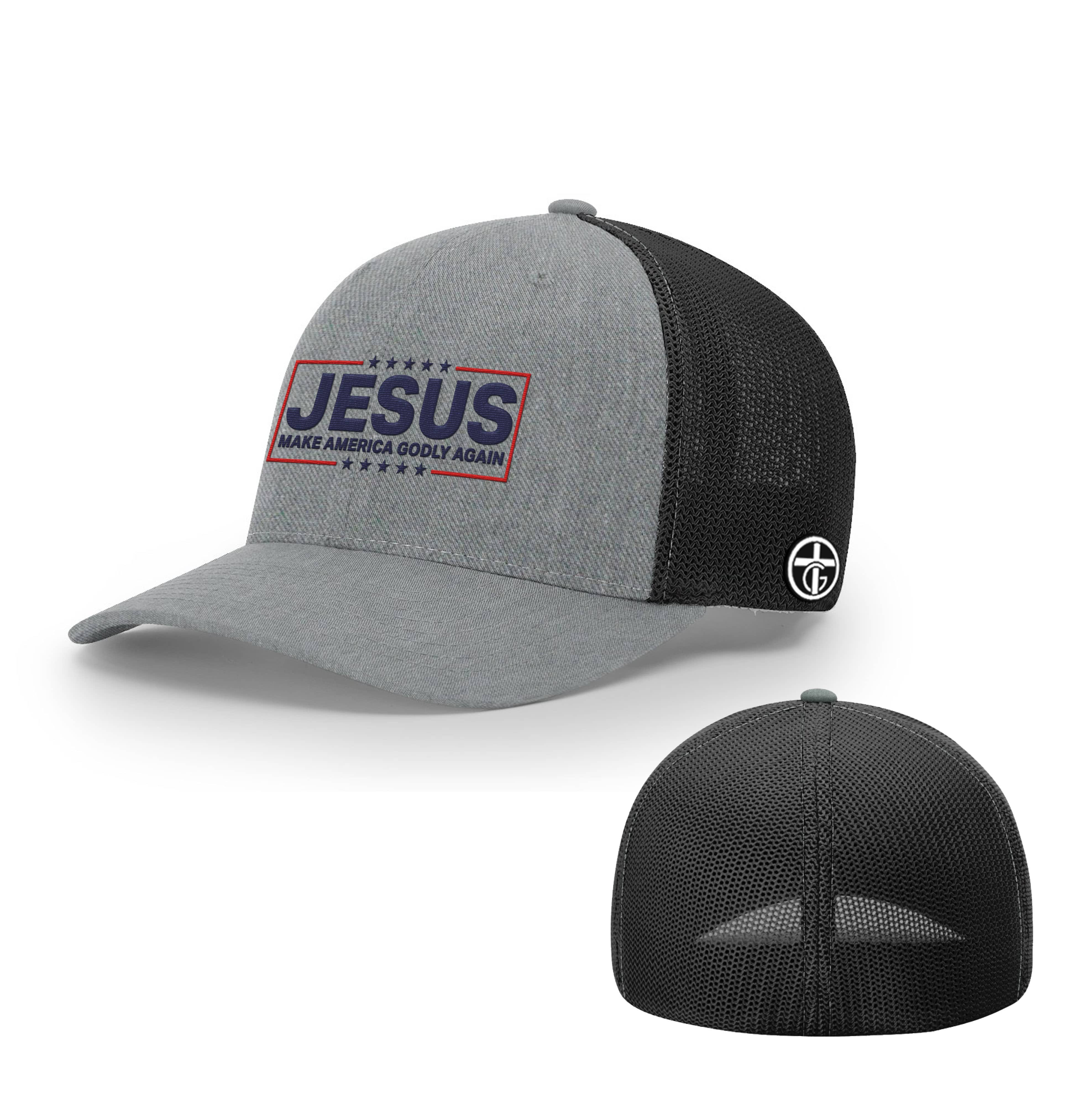 OurTrueGod Customs Hat Flexfit / Heather and Black / S/M Jesus Make America Godly Again Hats