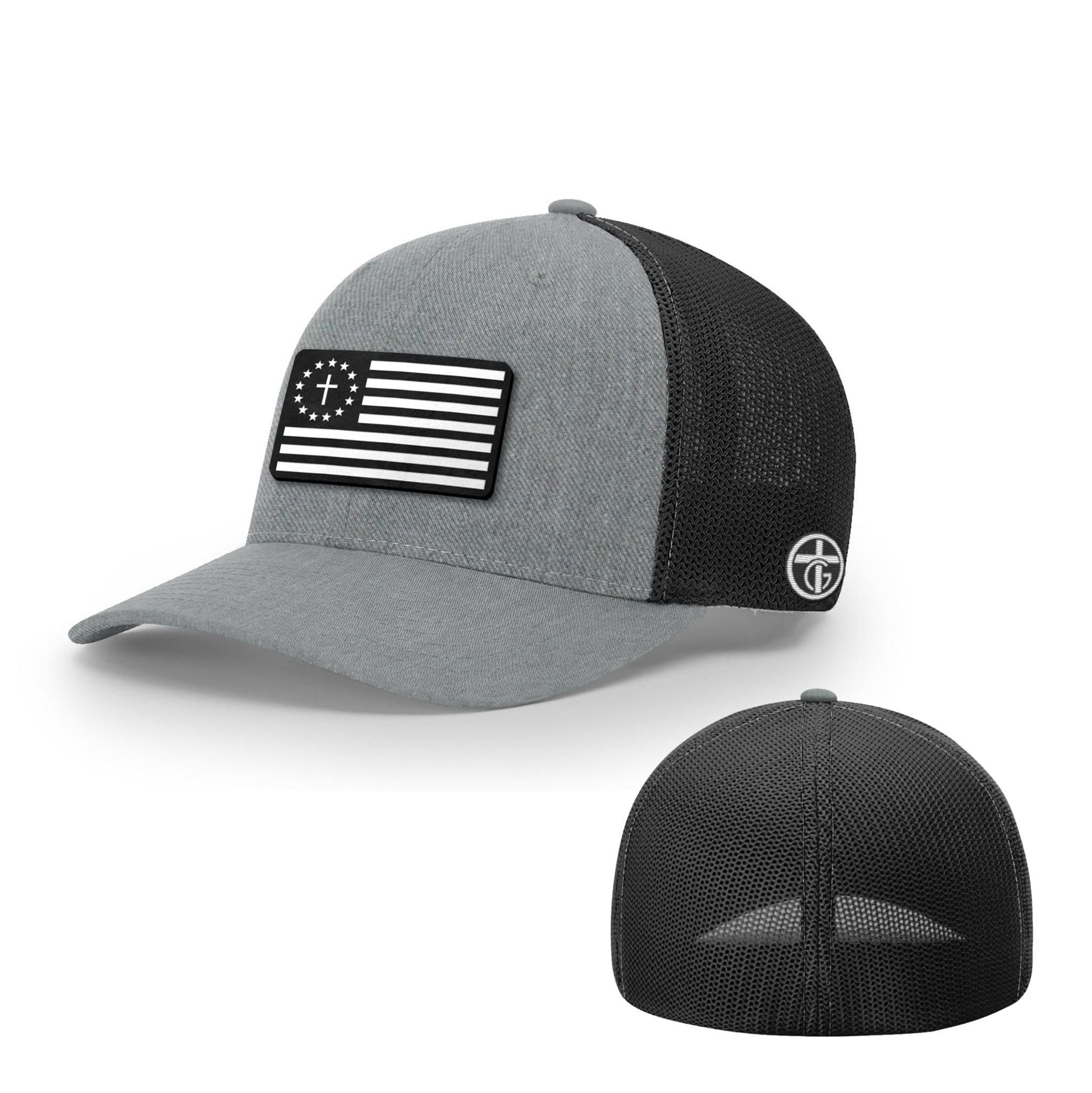 OurTrueGod Customs Hat Flexfit / Heather and Black / S/M One Nation Under God White Leather Patch Hat - Snapback & Flexfit