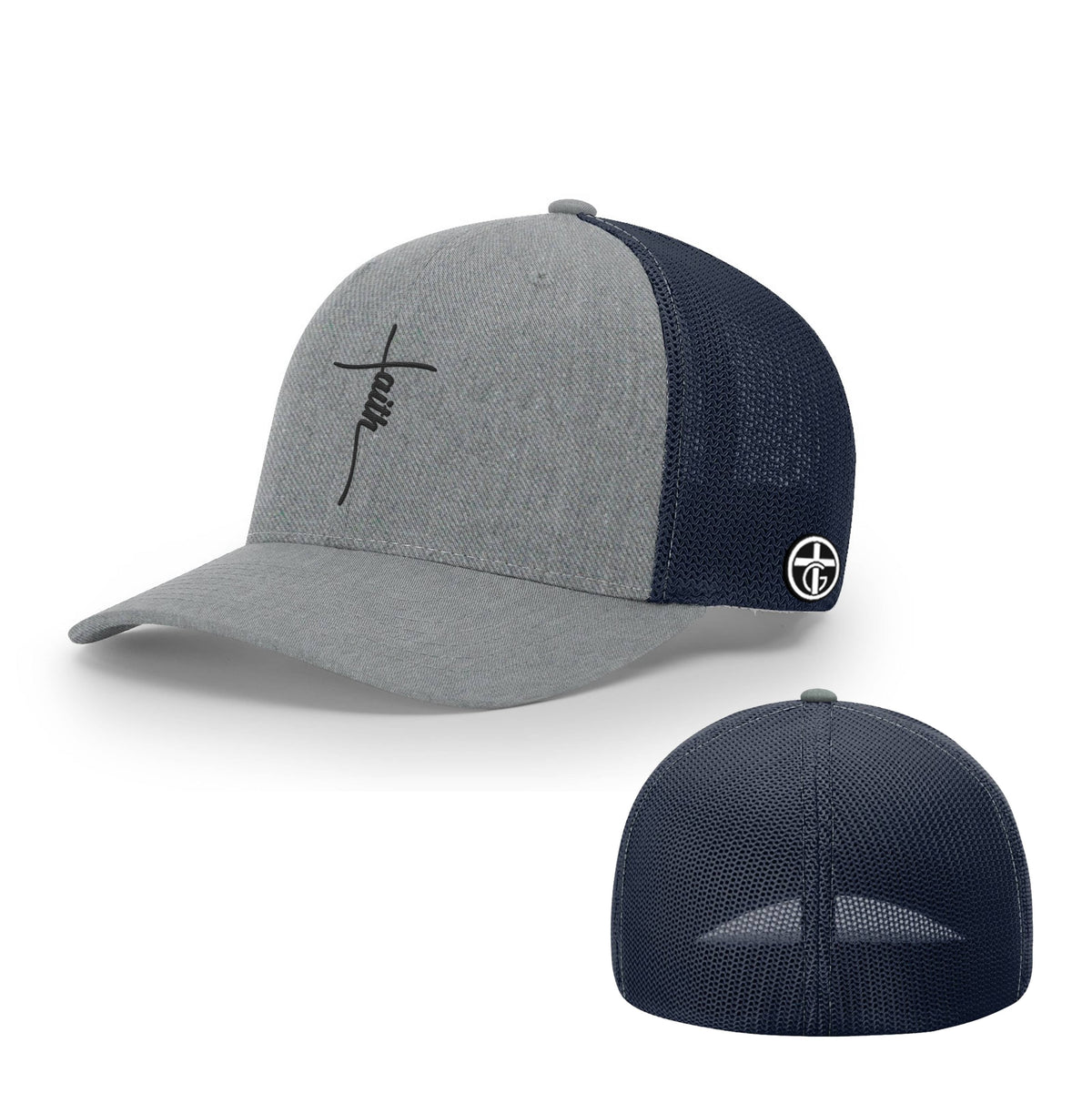 OurTrueGod Customs Hat Flexfit / Heather and Navy / S/M Faith Cross Center Hats