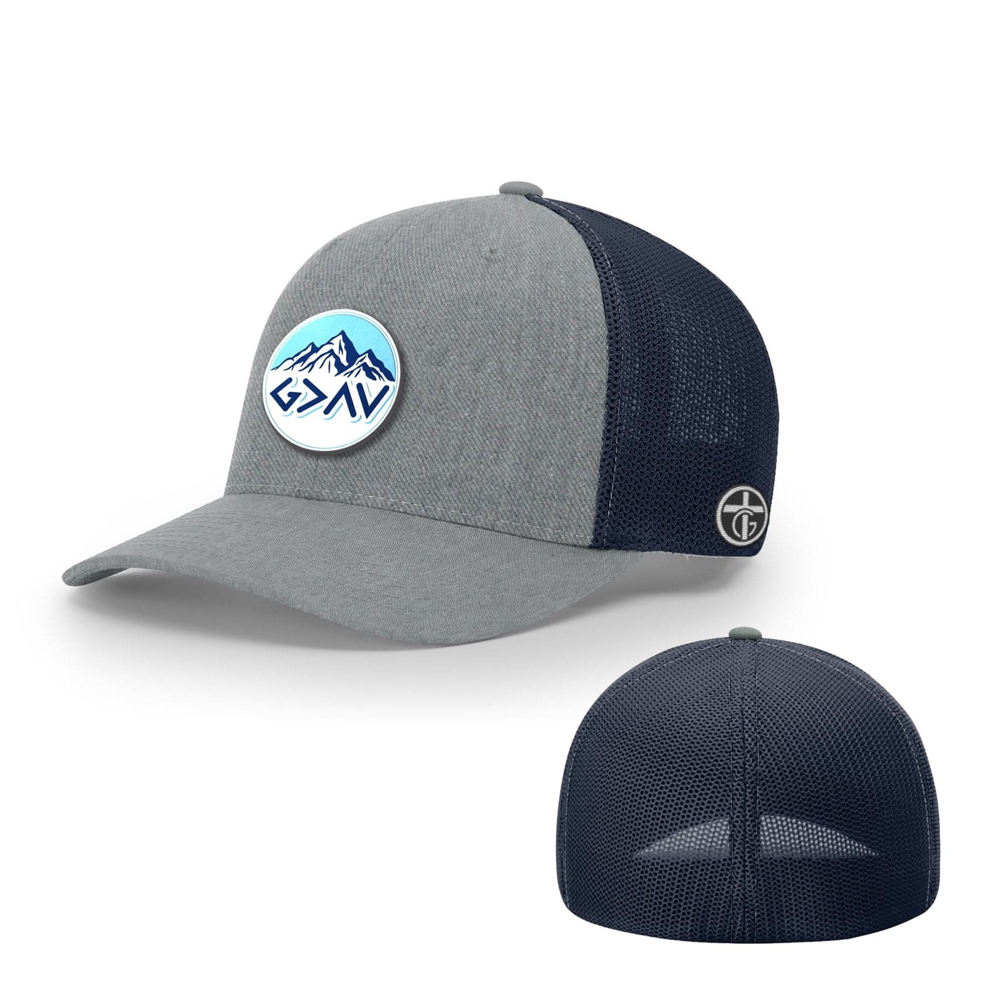 OurTrueGod Customs Hat Flexfit / Heather and Navy / S/M God Is Greater Than The Highs And Lows Mountain Circle Patch Hats